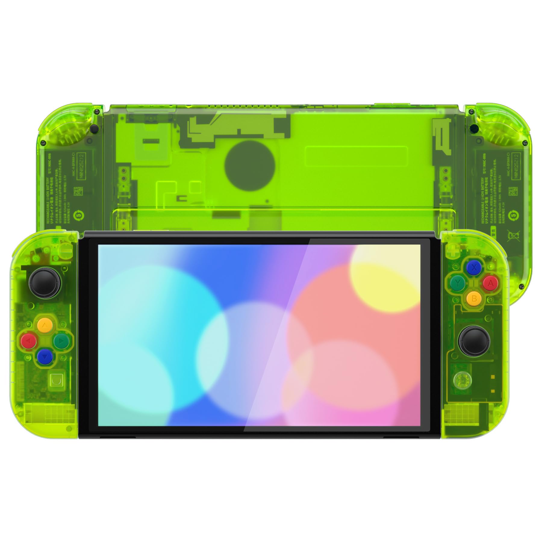 eXtremeRate Replacement Buttons & Back Cover Shell for Nintendo Switch OLED Console - Transparent Lime Green | Joycon Controller Case & Kickstand | Perfect for Gaming & Customization
