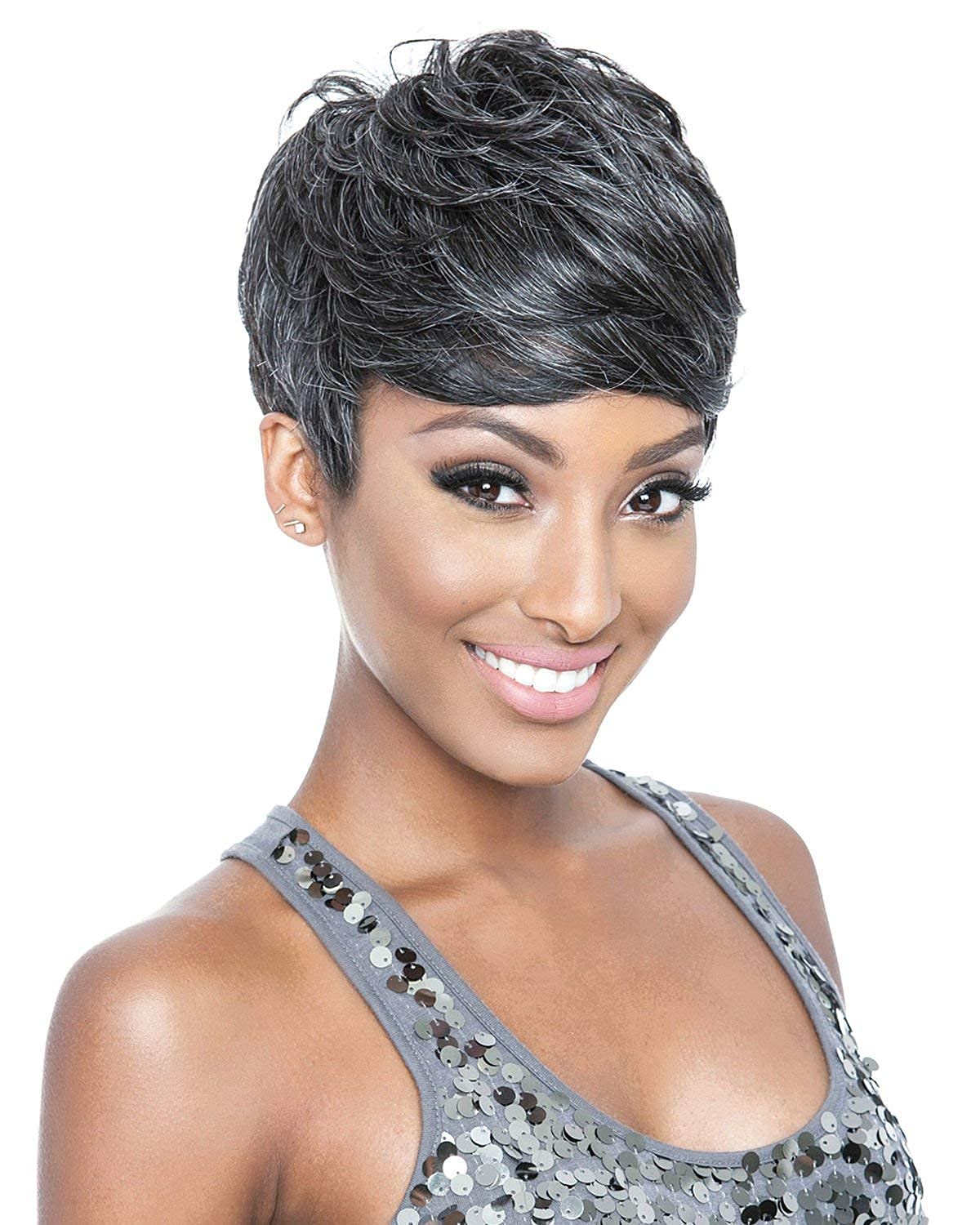 Short Pixie Wigs for Women - Black & Gray Synthetic Curly Hair Wig | Fashionable Full Wig Replacement for Everyday Wear & Cosplay | Perfect for Parties, Halloween & Costume Events