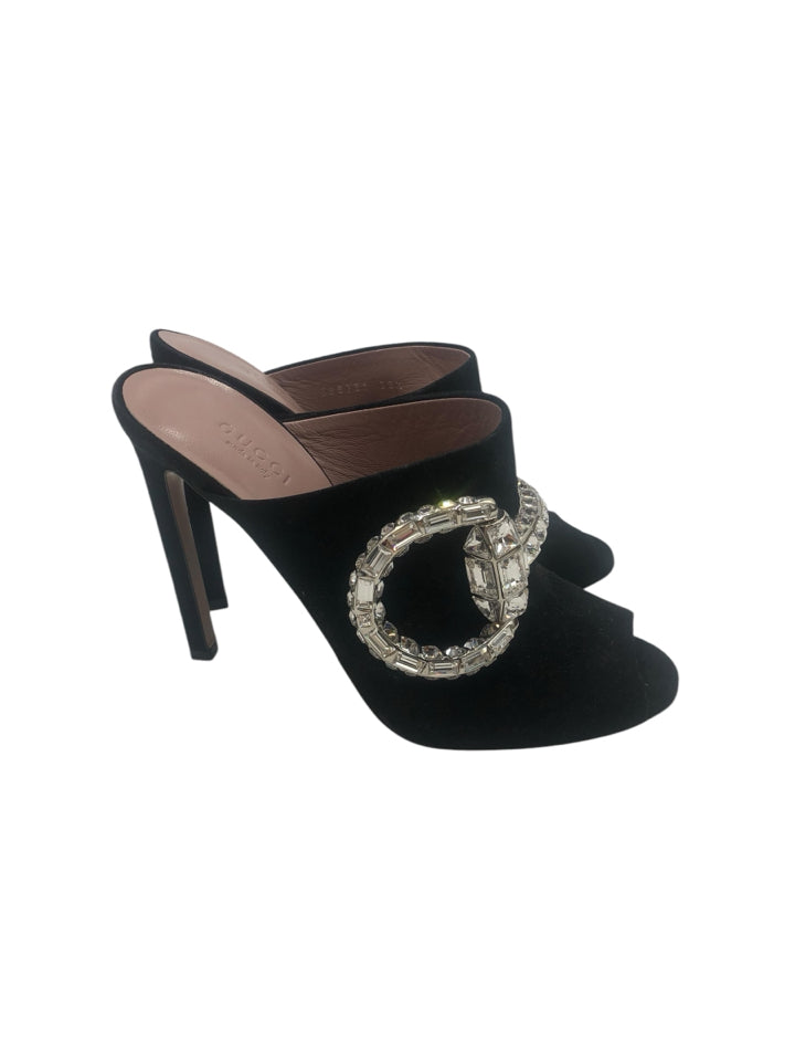 Gucci Maxime Crystal Embellished Peep Toe Heeled Mules for Women - Size 38.5 (US 8.5) - Elegant Evening Shoes for Parties, Weddings & Special Occasions