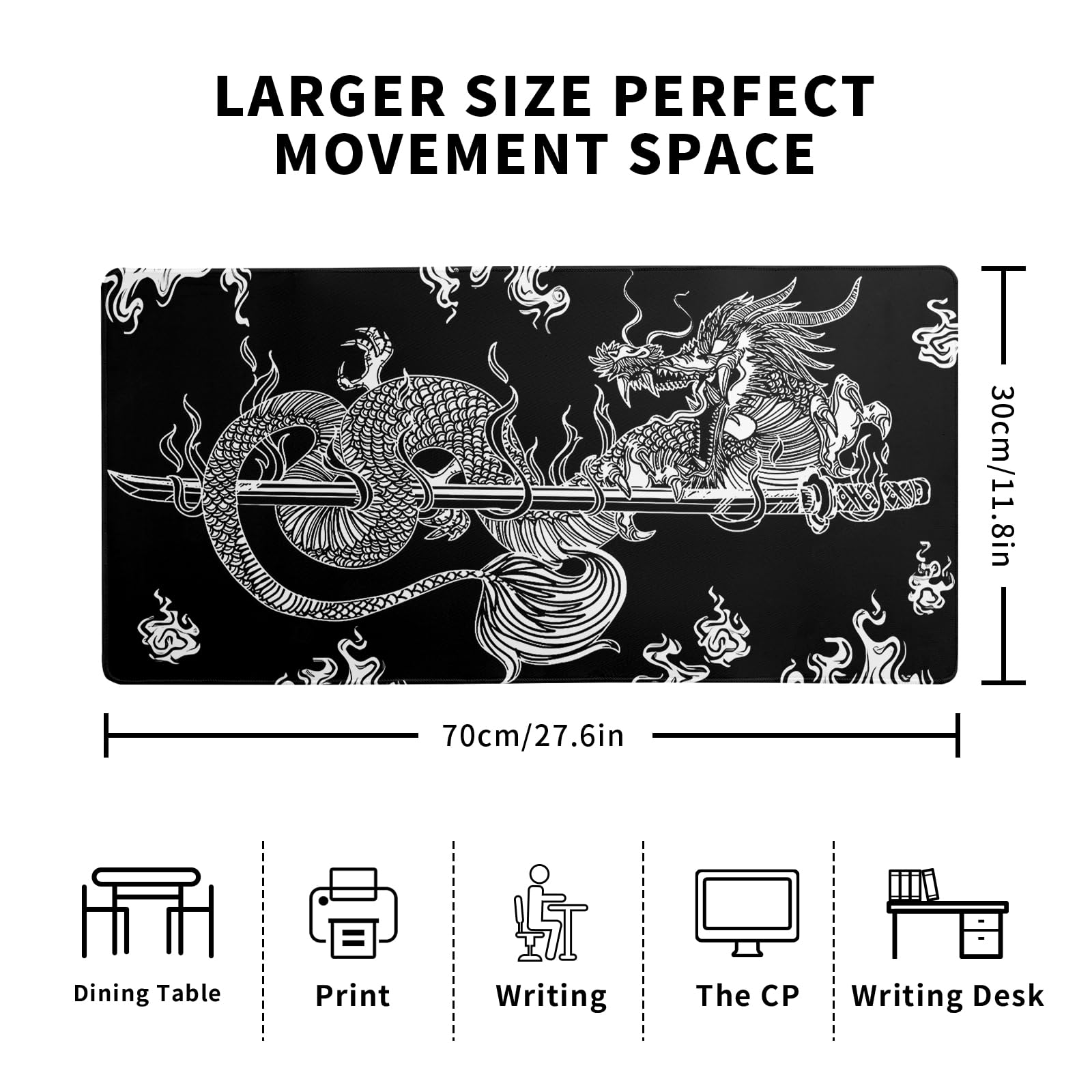 Premium Large Gaming Mouse Pad (27.6x11.8 Inch) - Non-Slip Base, Stitched Edges - Black Dragon Design Desk Mat for Keyboard & Mouse - Perfect for PC Gaming, Office Work & Home Computer Setup