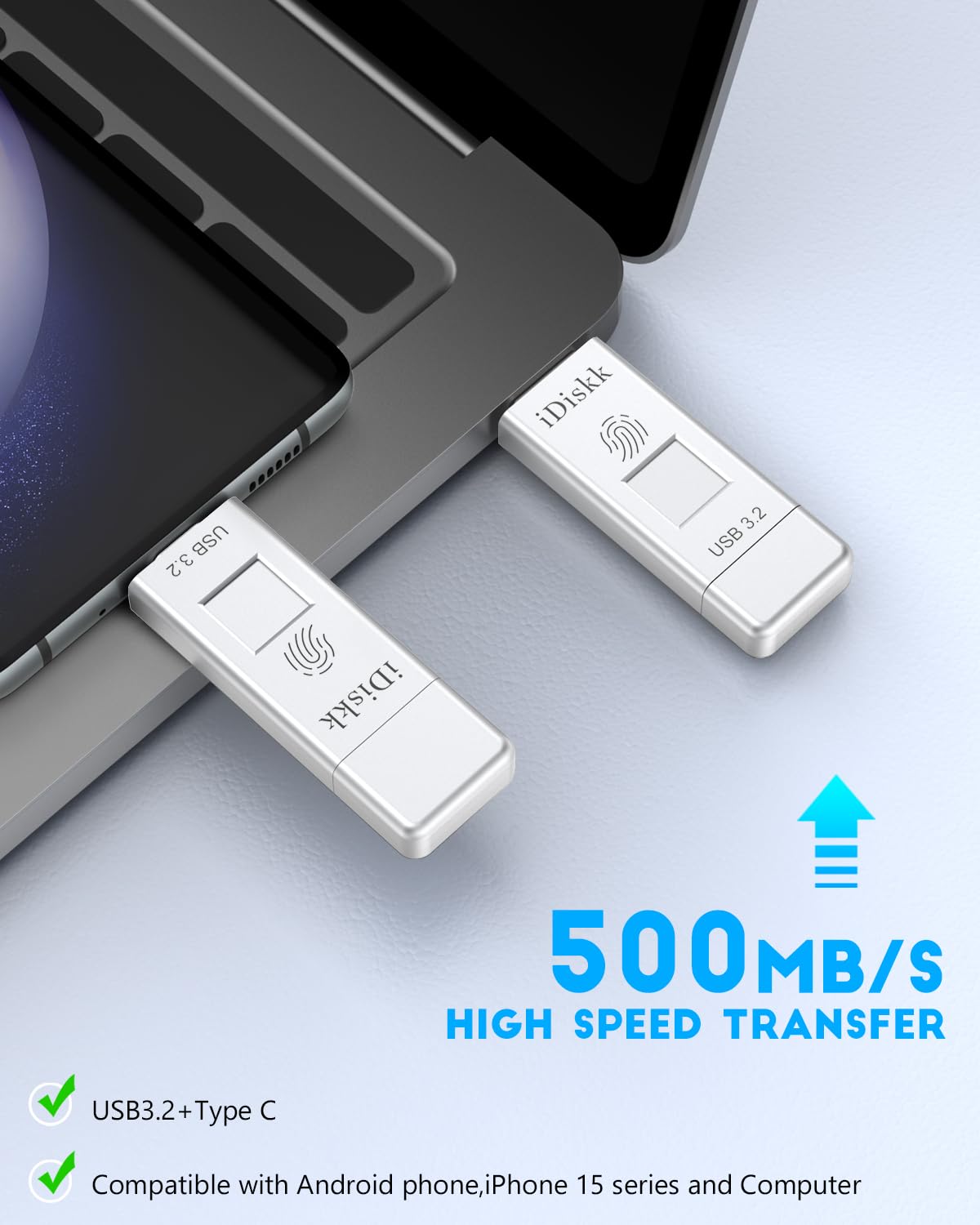 iDiskk 512GB USB 3.2 Flash Drive with Fingerprint Encryption - 500MB/s High Speed USB-C SSD Thumb Drive for iPhone 15/16, Android, PC & Mac - Secure External Storage for Photos, Videos & Files Transfer