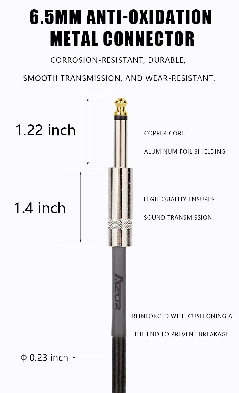 AZOR TS 1/4 Inch Guitar Cable 10ft - High Fidelity Electric Instrument Cord for Electric Guitar, Bass, and Amp - Right Angle to Straight Connector - Durable Black Audio Cable - Perfect for Live Performances, Studio Recording & Home Practice