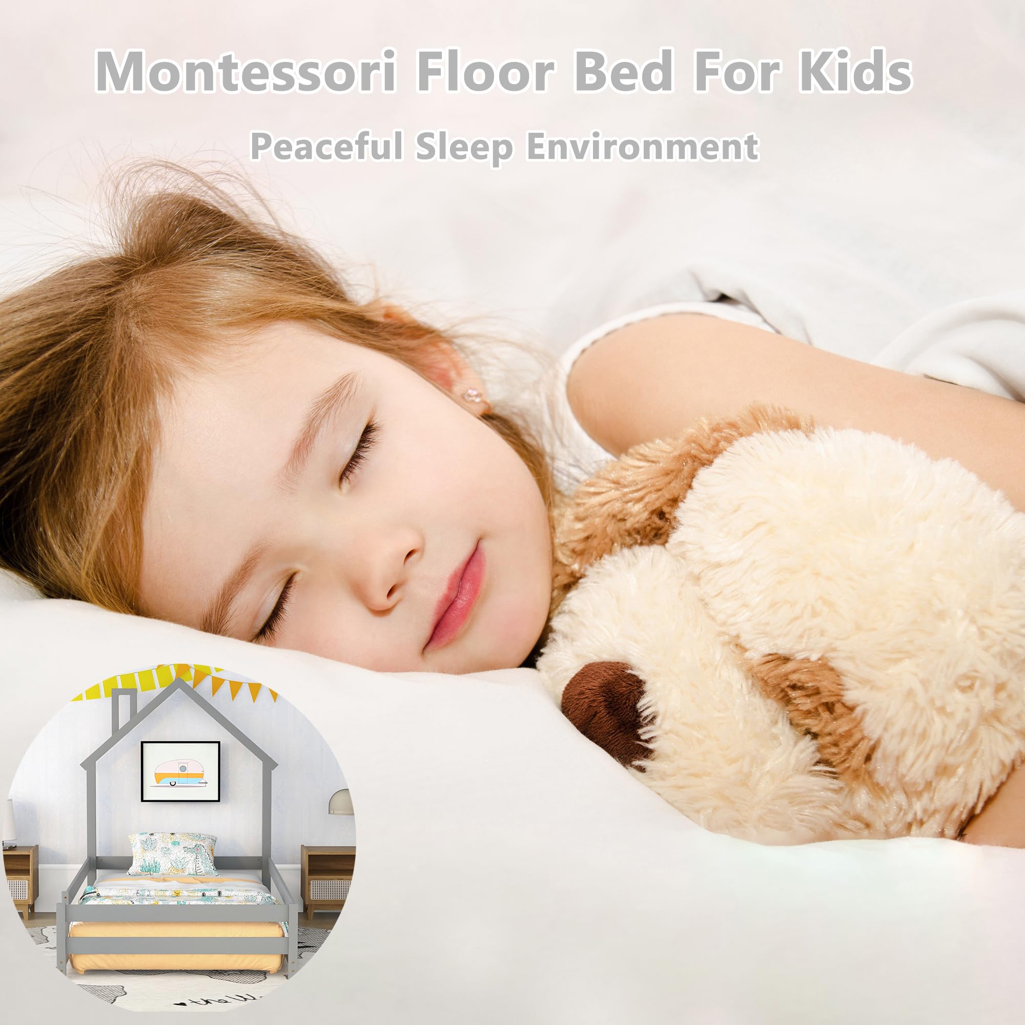 Bellemave Twin Size Wooden Montessori House-Shaped Headboard Floor Bed with Safety Fences for Kids - Gray Toddler Bed Frame for Girls & Boys | Perfect for Montessori Bedrooms, Playrooms & Safe Toddler Sleep Spaces