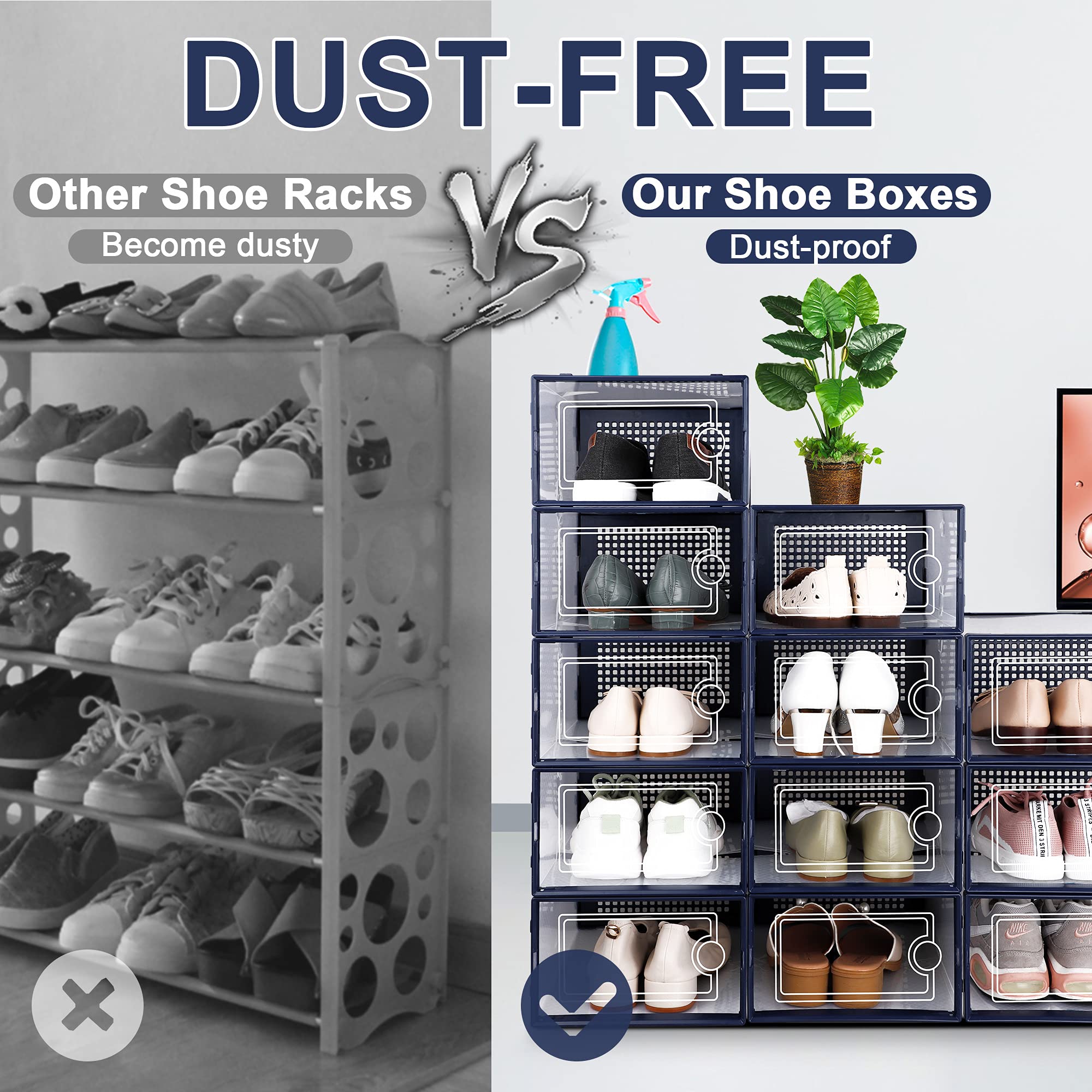 Kuject 12 Pack Clear Plastic Stackable Shoe Storage Boxes with Lids - Under Bed Shoe Organizers for Closet, Entryway & Bedroom - Drop Front Design Fits Women's Size 10 Shoes (Blue) - Perfect for Small Space Organization & Shoe Collection Display