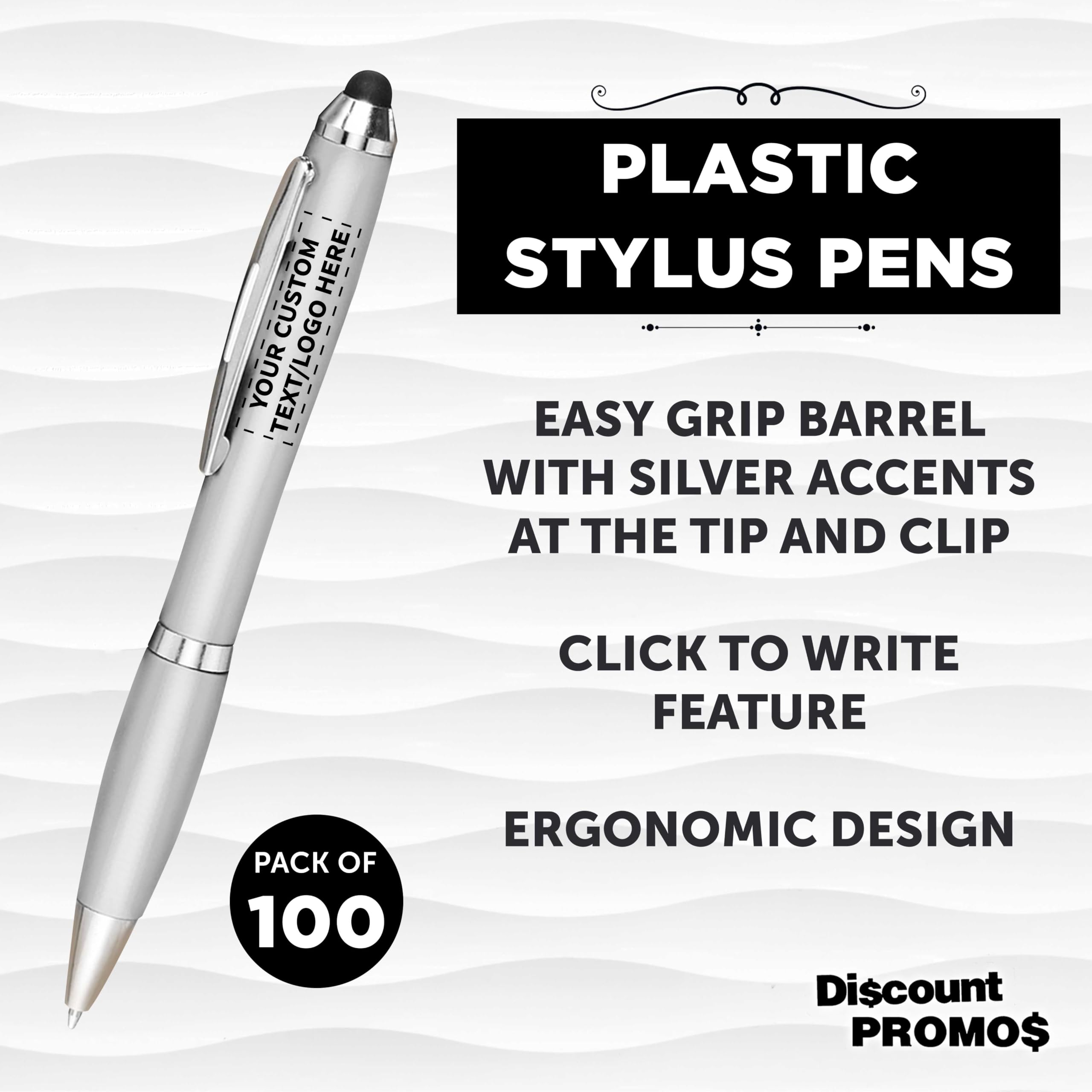 Custom Plastic Stylus Pens - Bulk Pack of 100 with Black Ink | Personalized Promotional Pens for Office, School & Business | Ideal for Tradeshows, Events & Giveaways | Silver Barrel Design