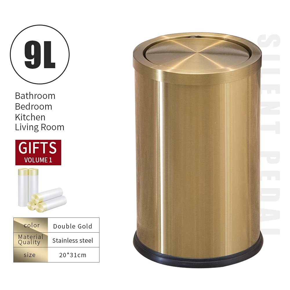 Stainless Steel Trash Can with Flip Lid - 9L for Kitchen, Bathroom & Bedroom - Metallic Gold