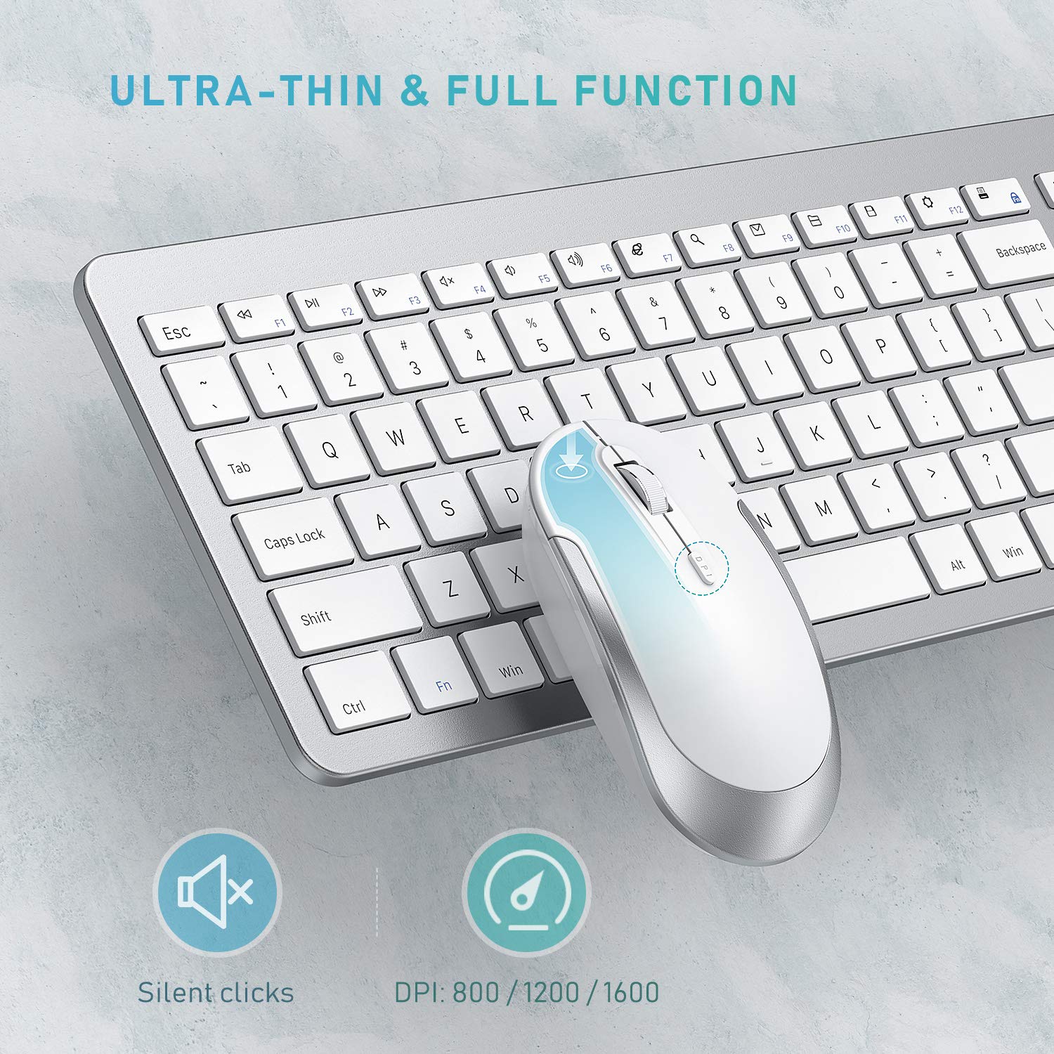 Seenda Rechargeable Wireless Keyboard and Mouse Combo - Full Size Cordless Keyboard with Built-in Lithium Battery, Ultra Thin Quiet Design - Silver & White for Office, Home, Gaming, and Remote Work