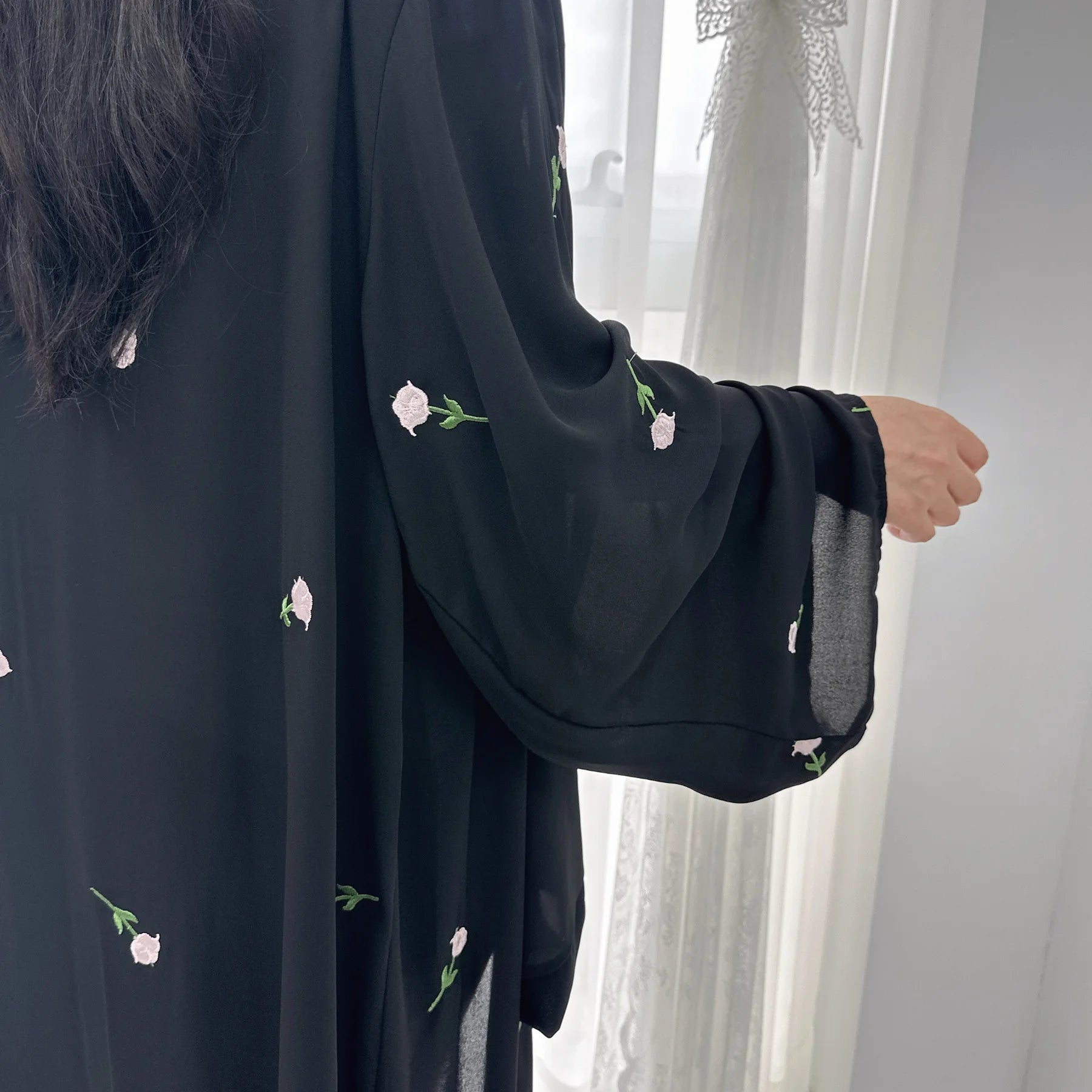 Elegant Black Embroidery Kimono Cardigan Abaya - Stylish Muslim Women's Cover-Up for Prayer, Home & Special Occasions