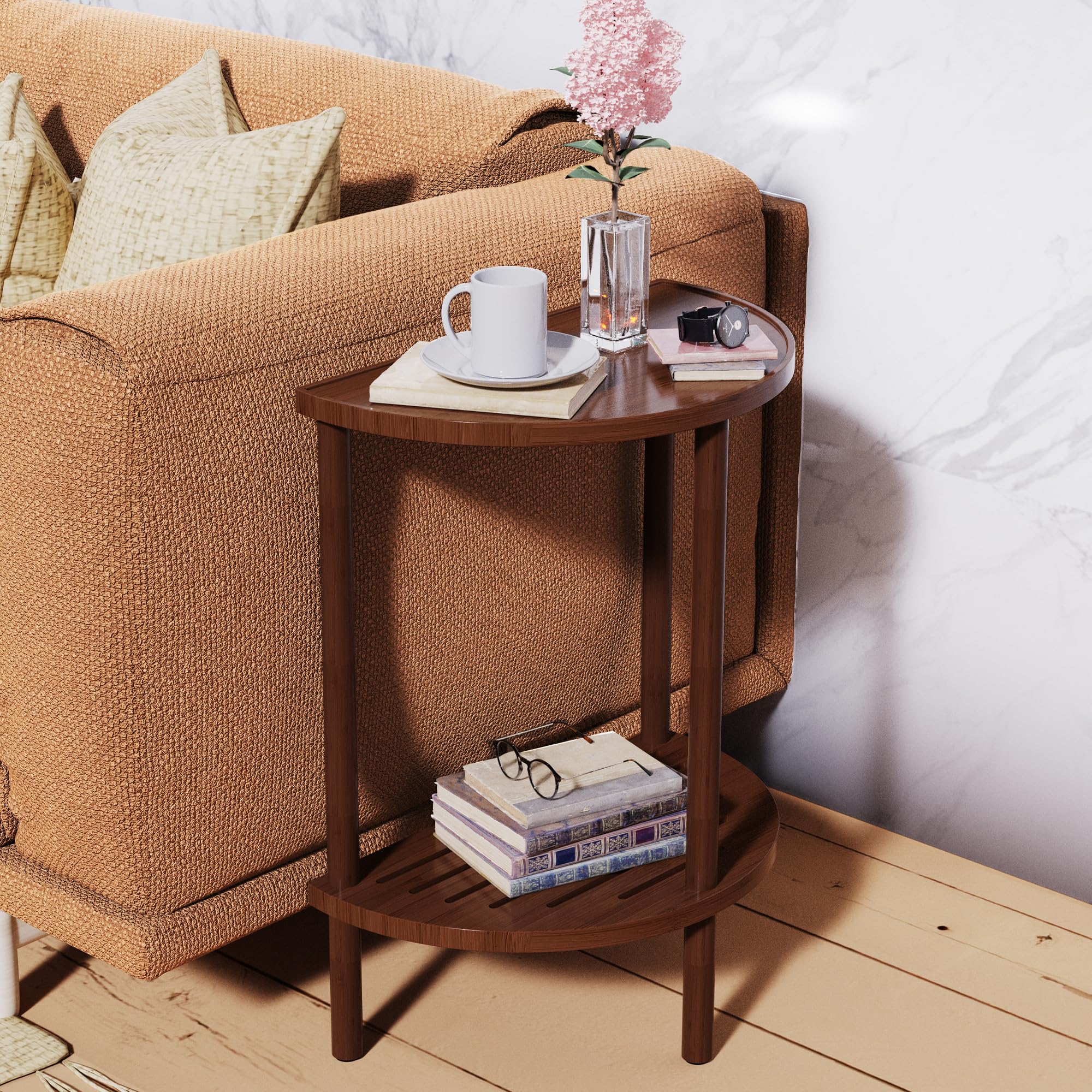 Half Moon Side Table with Storage Shelf - 2 Tier Round End Table for Living Room, Bedroom & Small Spaces - Boho Nightstand & Couch Table for Home Decor (Brown) - Perfect for Reading Nooks, Apartment Living & Cozy Bedside Use