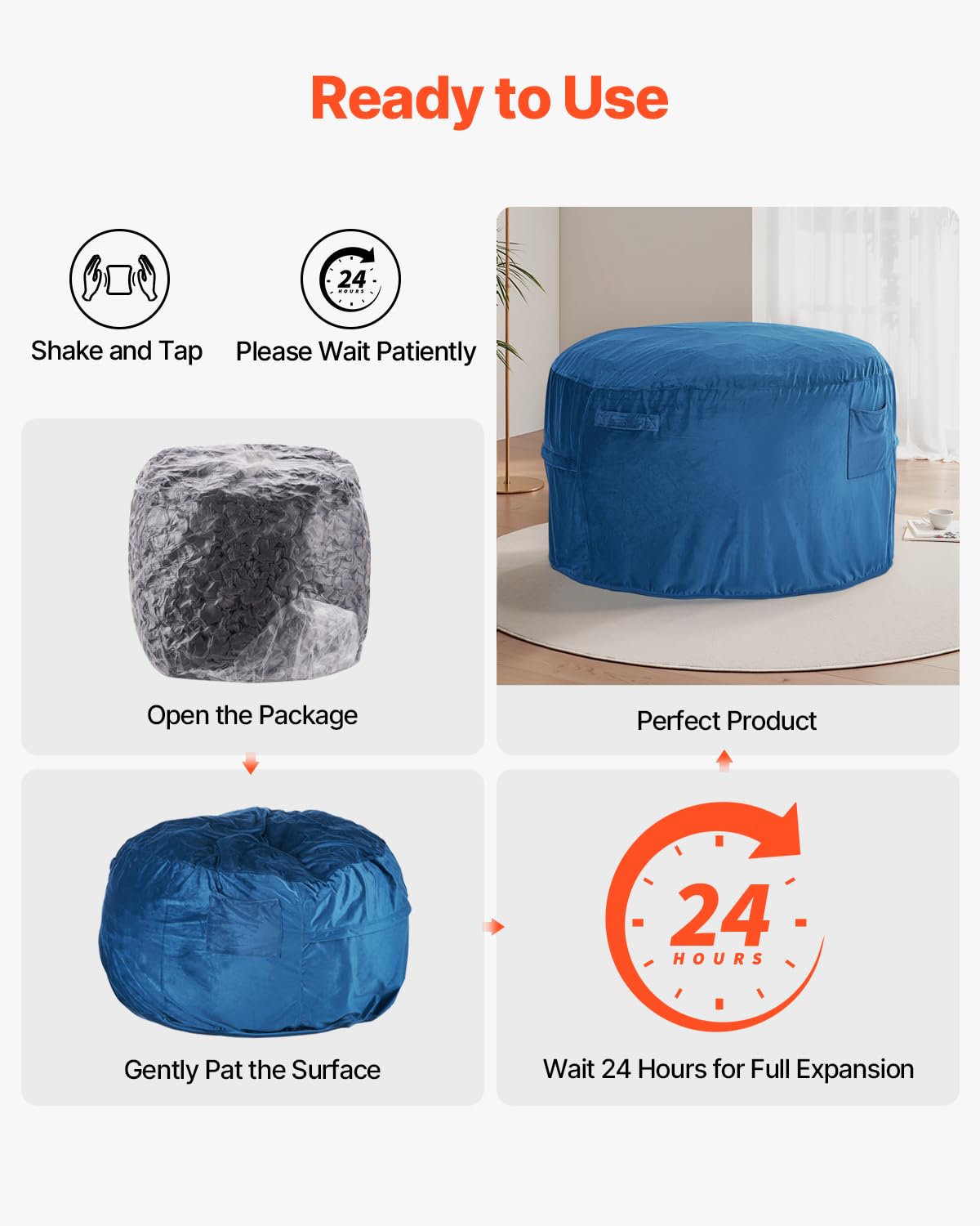VEVOR Round Bean Bag Chair for Adults - Removable Washable Cover, Dutch Velvet Fabric & High-Density Foam Filling with Handle and Side Pocket - Perfect for Living Room, Bedroom, Office or Dorm - Blue (Home Decor & Comfort Seating)