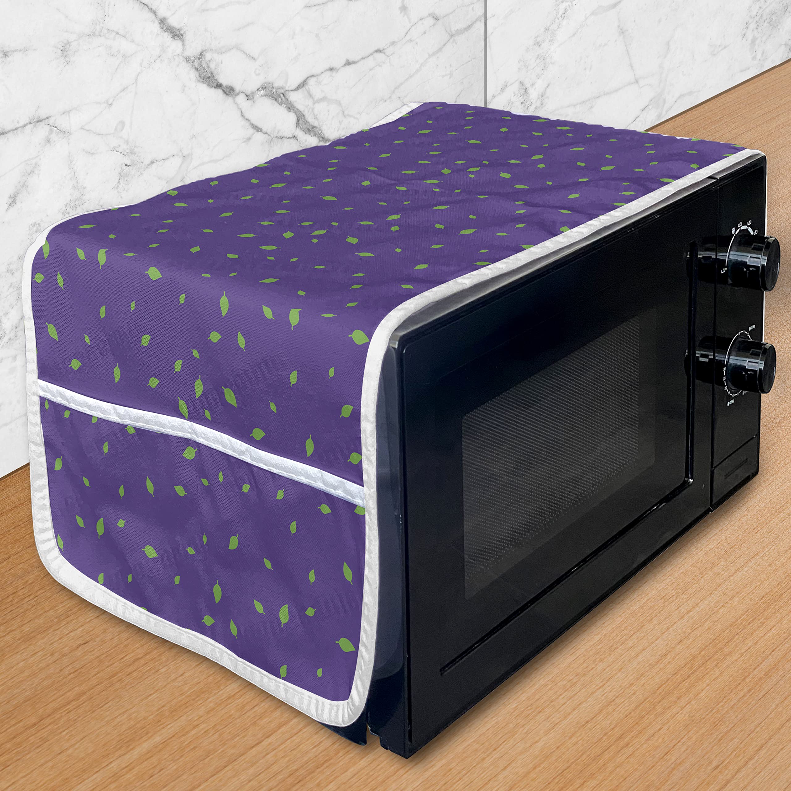 Ambesonne Microwave Cover - Waterproof Kitchen Organizer with Pockets, Birch Leaves Nature Design in Green & Purple, 36