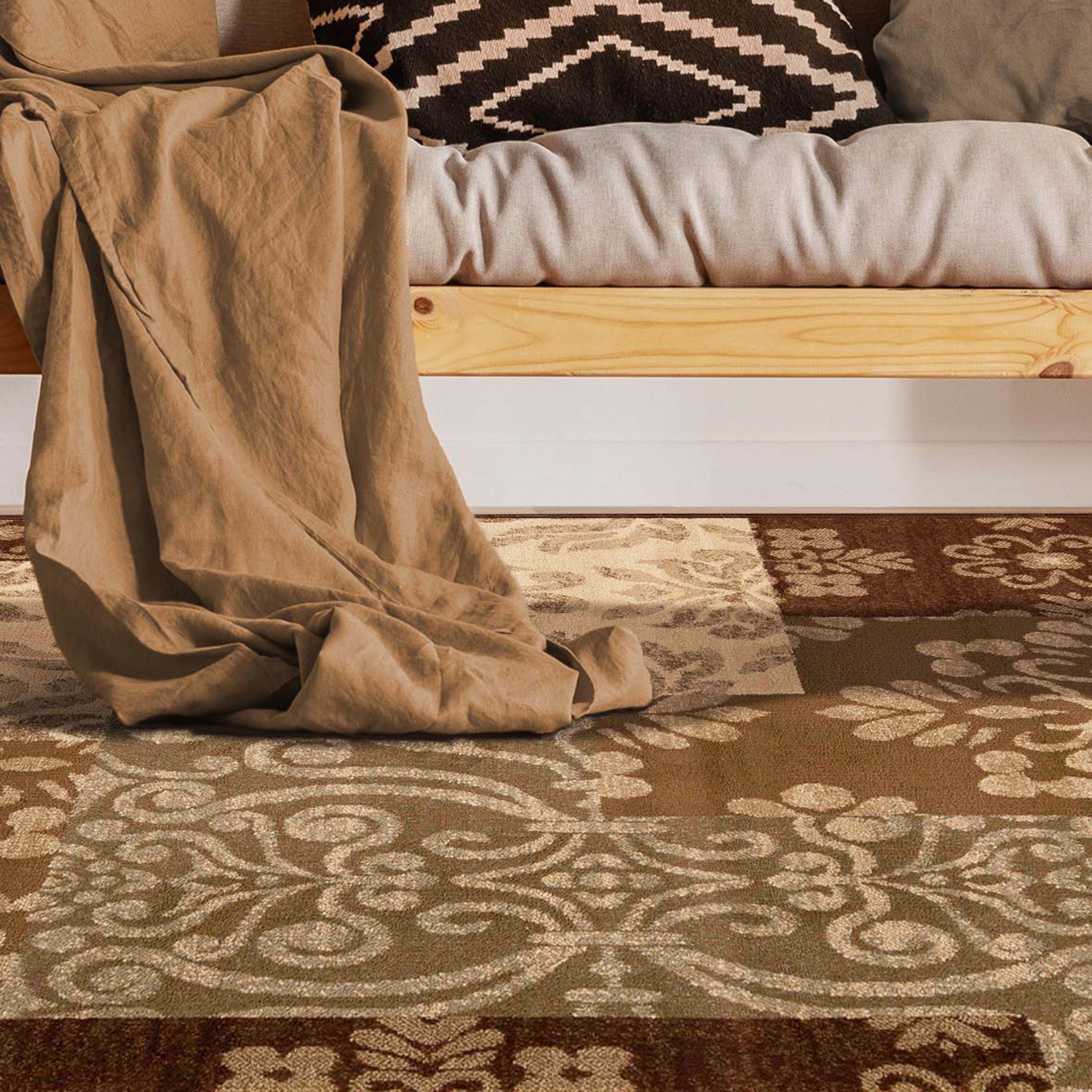 Floral Medallion Blocks Geometric Indoor Area Rug - Non-Slip Boho Chic Carpet for Living Room, Bedroom, or Hallway Runner - Soft & Durable Home Decor
