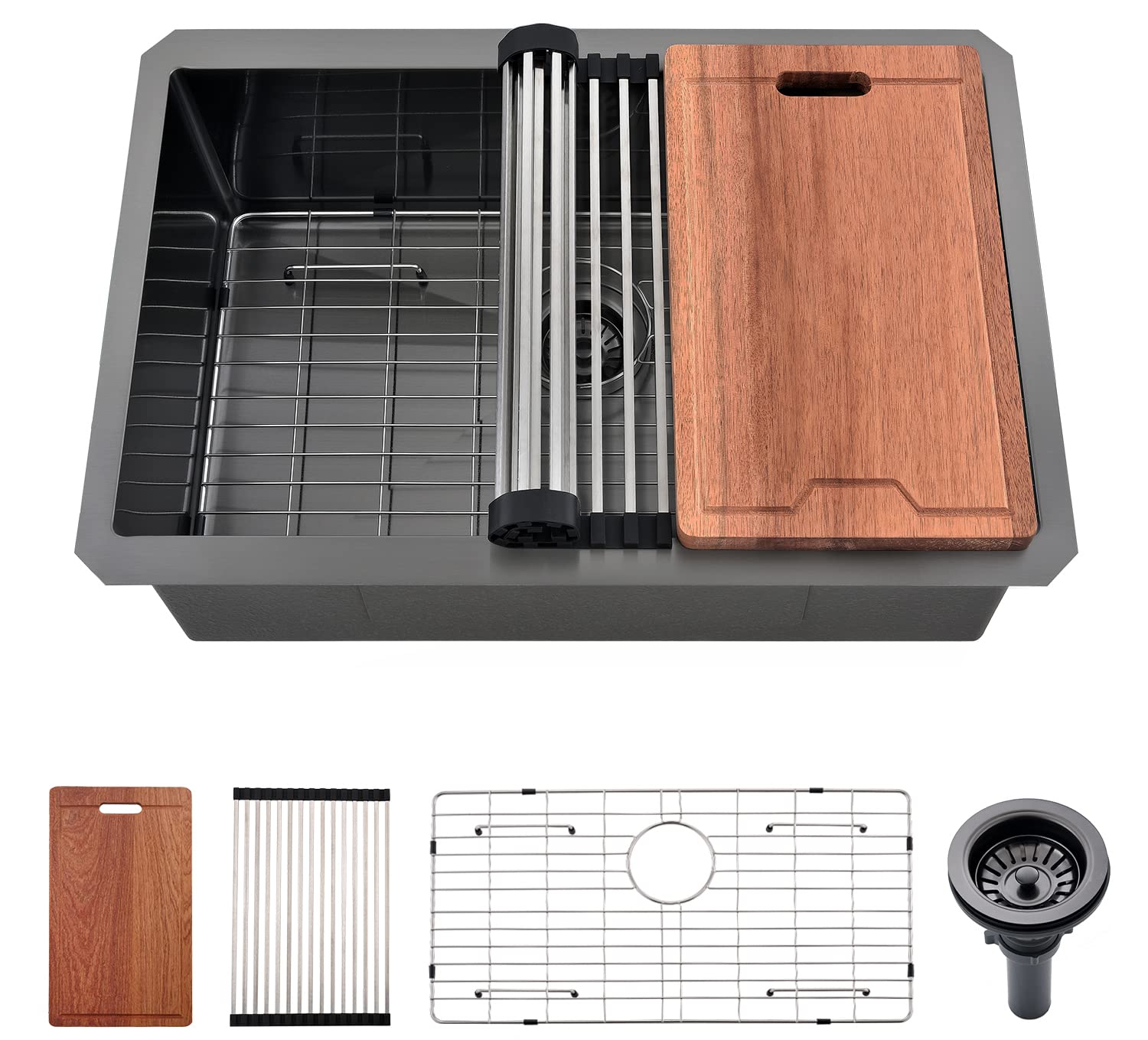 28 Inch Black Undermount Kitchen Sink - 16 Gauge Stainless Steel Single Bowl Workstation (28x19x10 Inches) with Accessories - Perfect for Modern Kitchens, Restaurants & Food Prep Stations