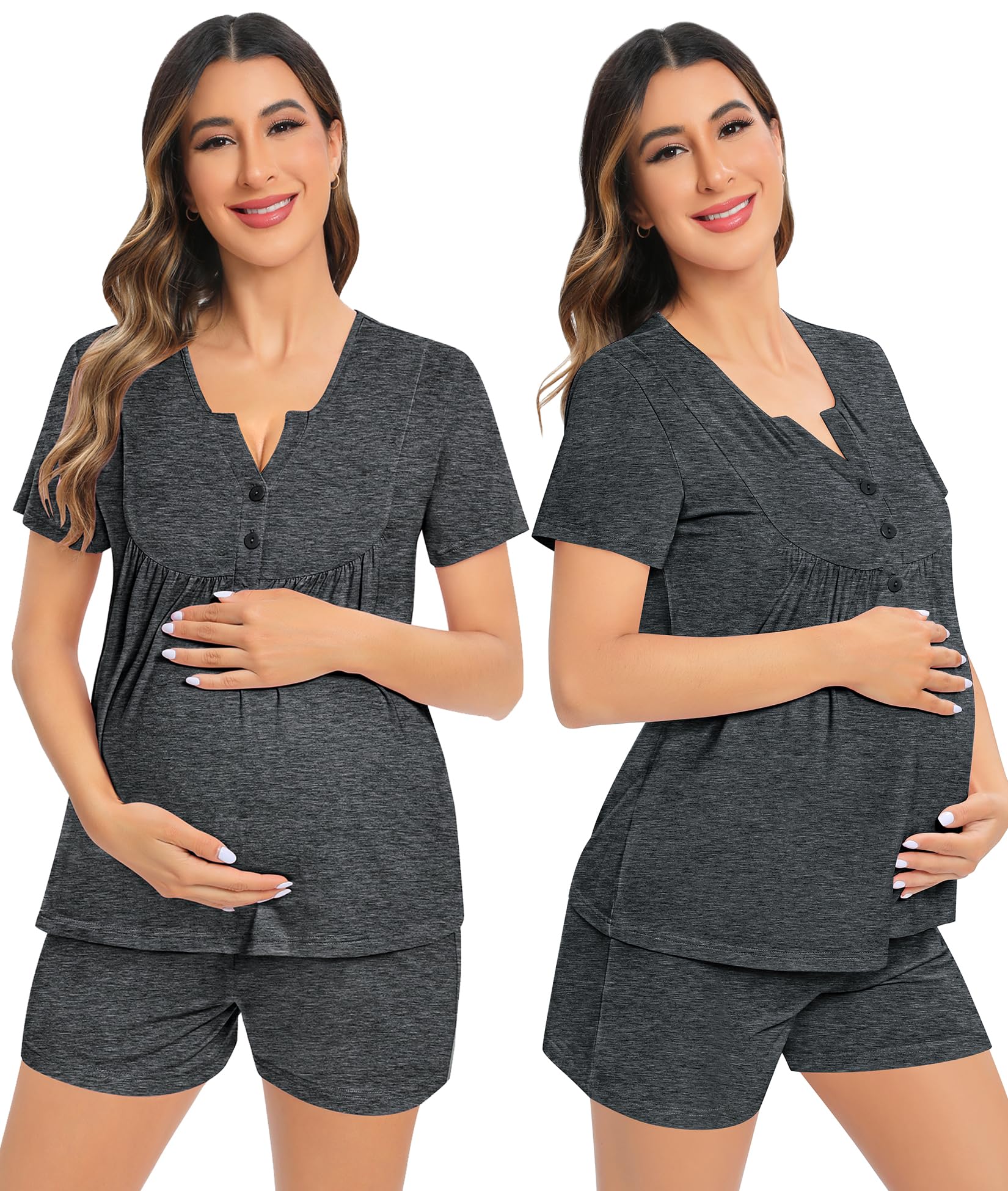 SWOMOG Women's Maternity Nursing Pajama Set - 3 Piece Breastfeeding Sleepwear with Short Sleeve Top & Pants for Pregnancy & Postpartum Comfort - Perfect for Nighttime Nursing, Hospital Stay & Relaxing at Home