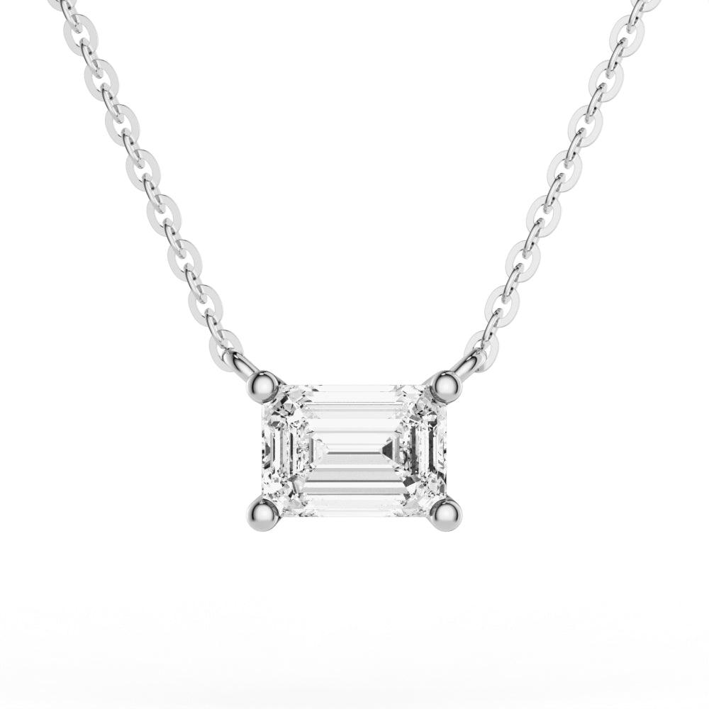 East West Emerald Cut Moissanite Solitaire Necklace | Dainty Gold Pendant for Women | Perfect for Weddings, Anniversaries & Everyday Elegance