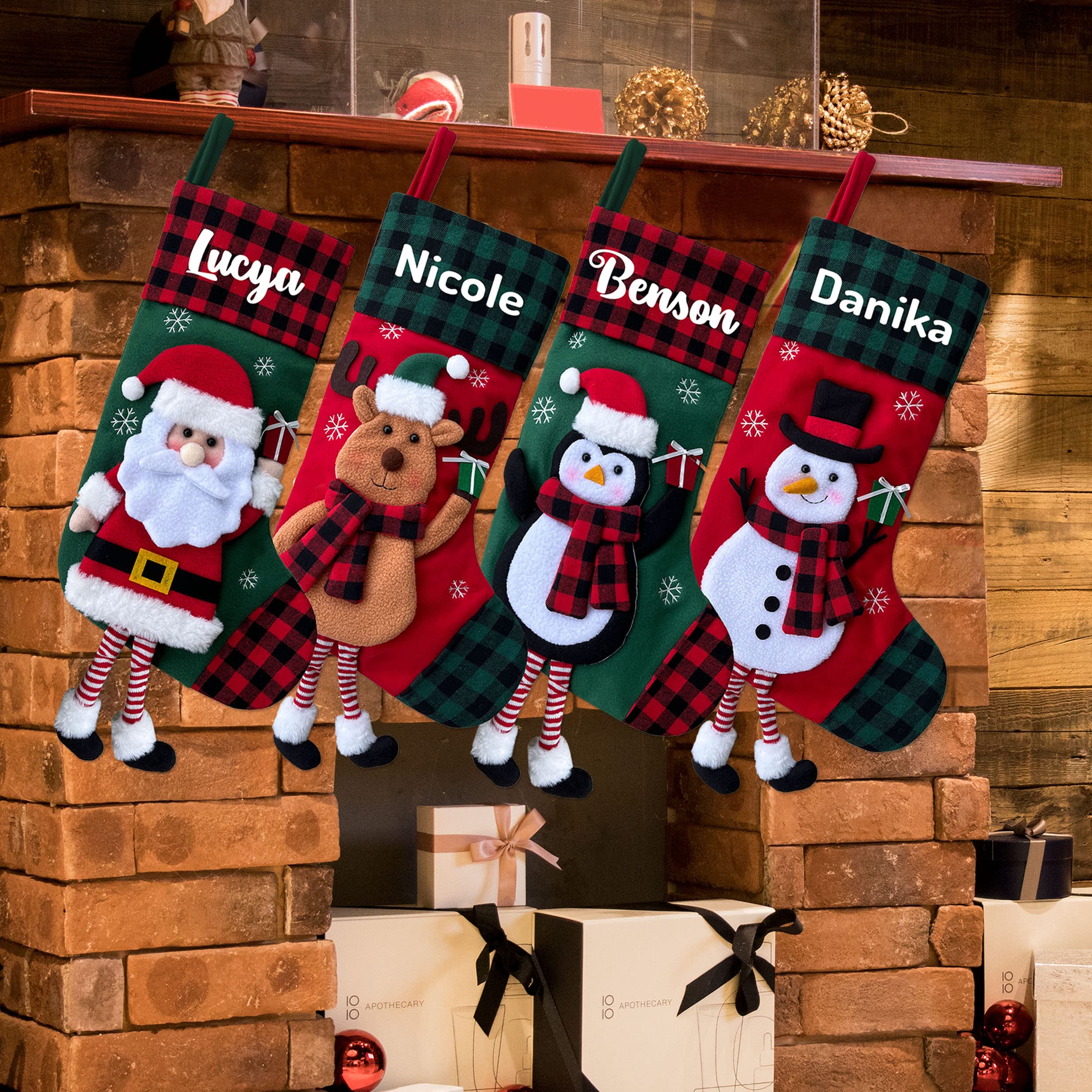 2 Pack Personalized Christmas Stockings - 3D Buffalo Plaid Red & Green Large Fireplace Hanging Stockings for Holiday Decor - Family Xmas Stocking Set of 2 - Perfect for Fireplace Mantel, Staircase & Festive Home Decor
