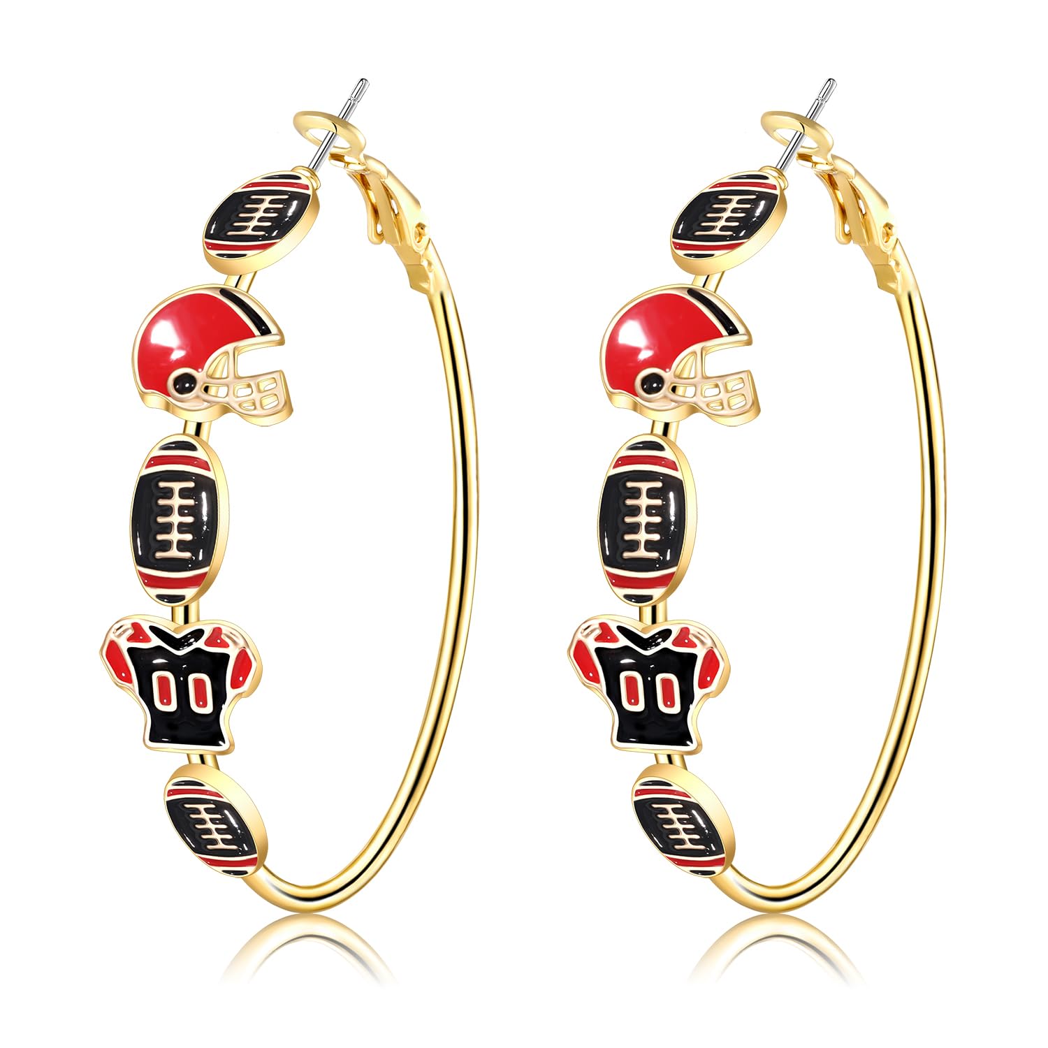 Football Earrings for Women - Red & Black Enamel Hoop Earrings, Football Mom Gifts, Game Day Accessories, Sport Team Outfits - Perfect for Game Day Parties, Football Mom Outfits, and Sport Fan Gifts