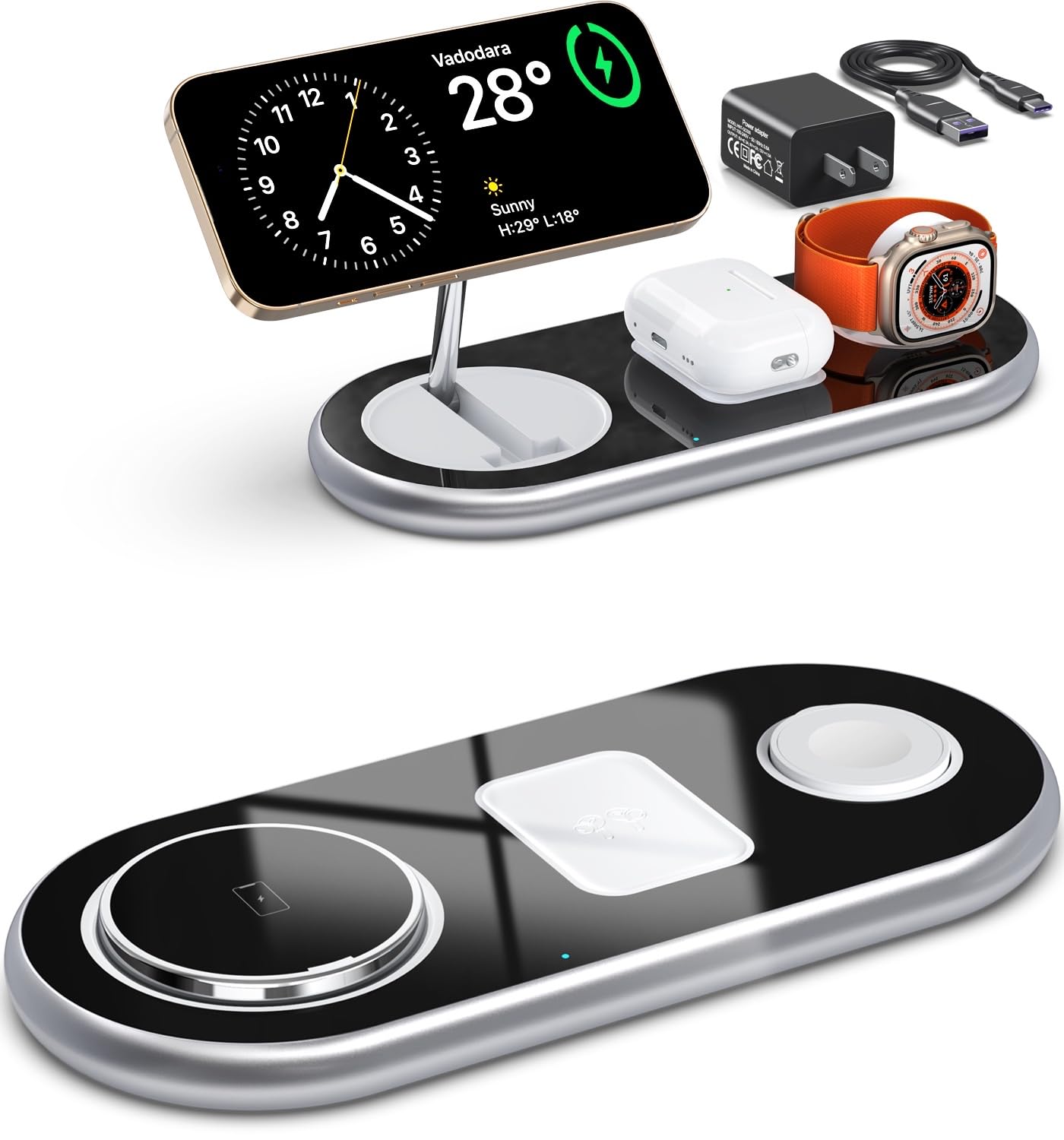 3-in-1 Magnetic Wireless Charging Stand for iPhone 15/14/13/12 Series, Apple Watch & AirPods - Fast Qi-Certified Charger with Adjustable Angle | Perfect for Home, Office & Travel Use