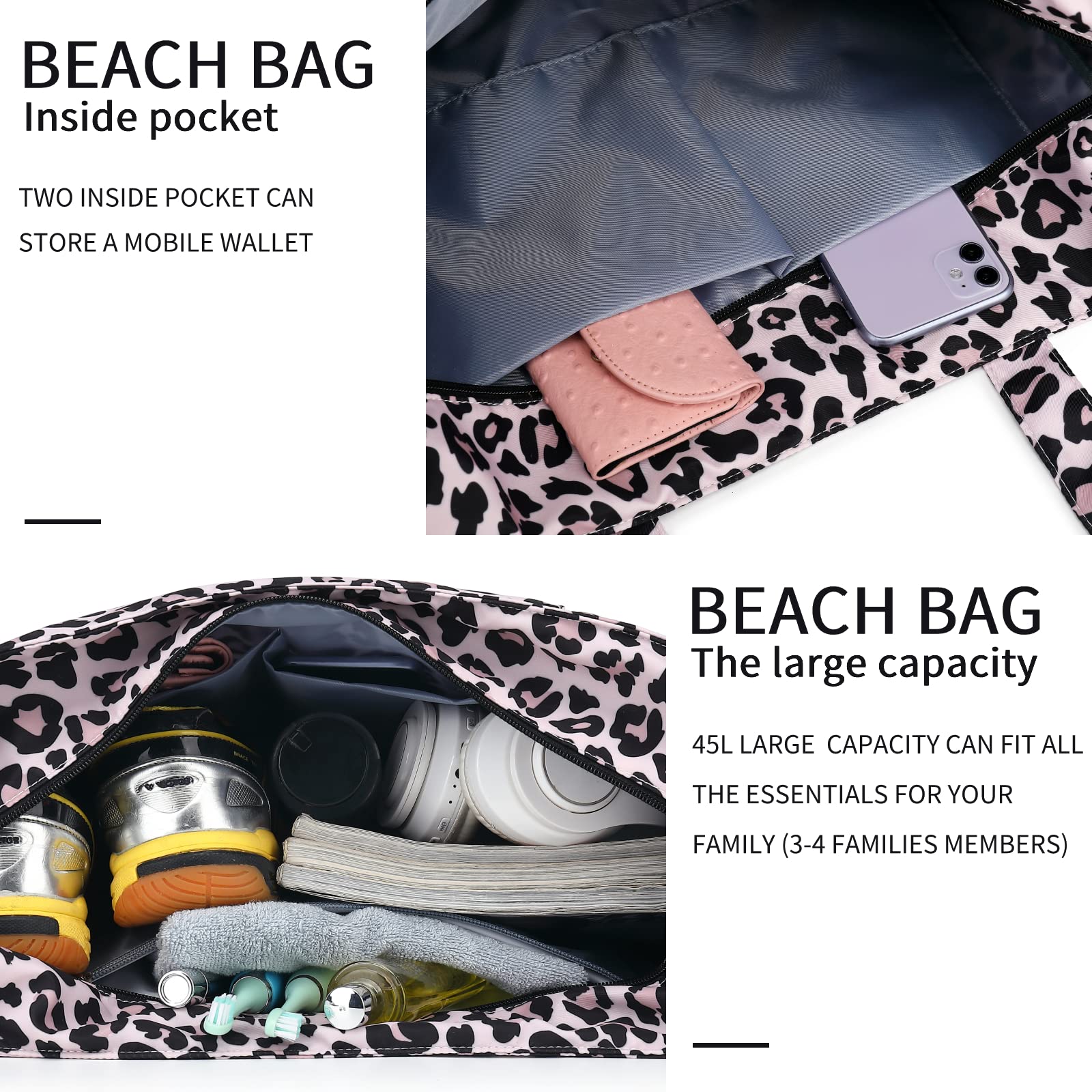 Waterproof Sandproof Large Beach Tote Bag for Women with Zipper & Wet Pocket - Perfect for Pool, Gym, Grocery Shopping & Travel | LEDAOU