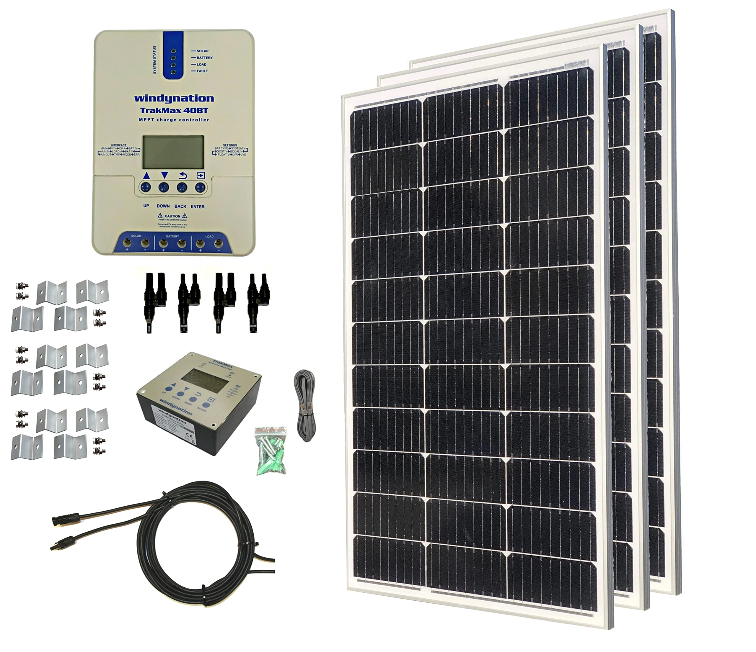 WindyNation 300W Monocrystalline Solar Panel Kit with TrakMax MPPT 40A Charge Controller & Remote Meter | Off-Grid Power for RV, Boat, Cabin & Emergency Backup