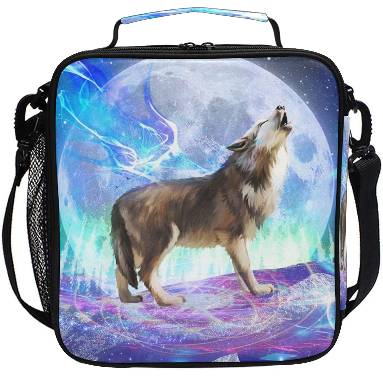 ALAZA Insulated Lunch Box - Large Freezable Cooler Bag for Men, Women & Kids - Wolf & Galaxy Design with Shoulder Strap - Perfect for Work, School, Picnics & Outdoor Activities