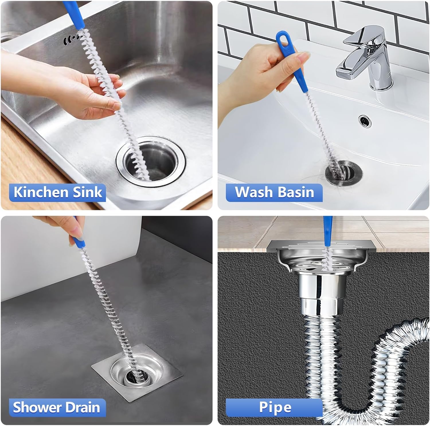 Adove Flexible Extra Long 61-Inch Drain Brush & 17.7-Inch Sink Unblocker - Dual-Ended Nylon Pipe Cleaner for Curved Pipes, Narrow Holes - Perfect for Kitchen Sink, Shower Drain, and Bathroom Pipe Cleaning