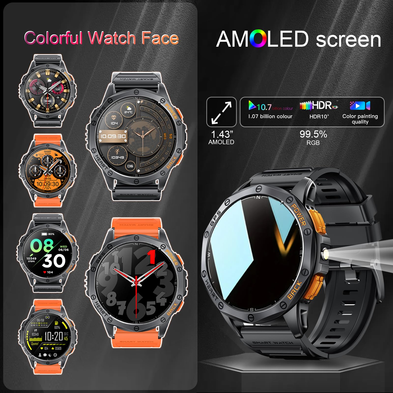 Military Smart Watch for Men - Built-in GPS, 170+ Sport Modes, AMOLED Display with Flashlight | Compatible with Android & iPhone | Bluetooth Calling, Altimeter, Barometer | Perfect for Outdoor Activities, Hiking & Fitness Tracking