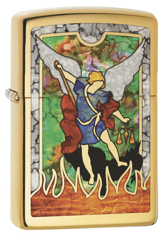 Zippo Lighter - Saint Michael The Archangel Design in High Polish Brass (Model 79107) | Windproof Refillable Lighter for Camping, Hiking & Outdoor Adventures