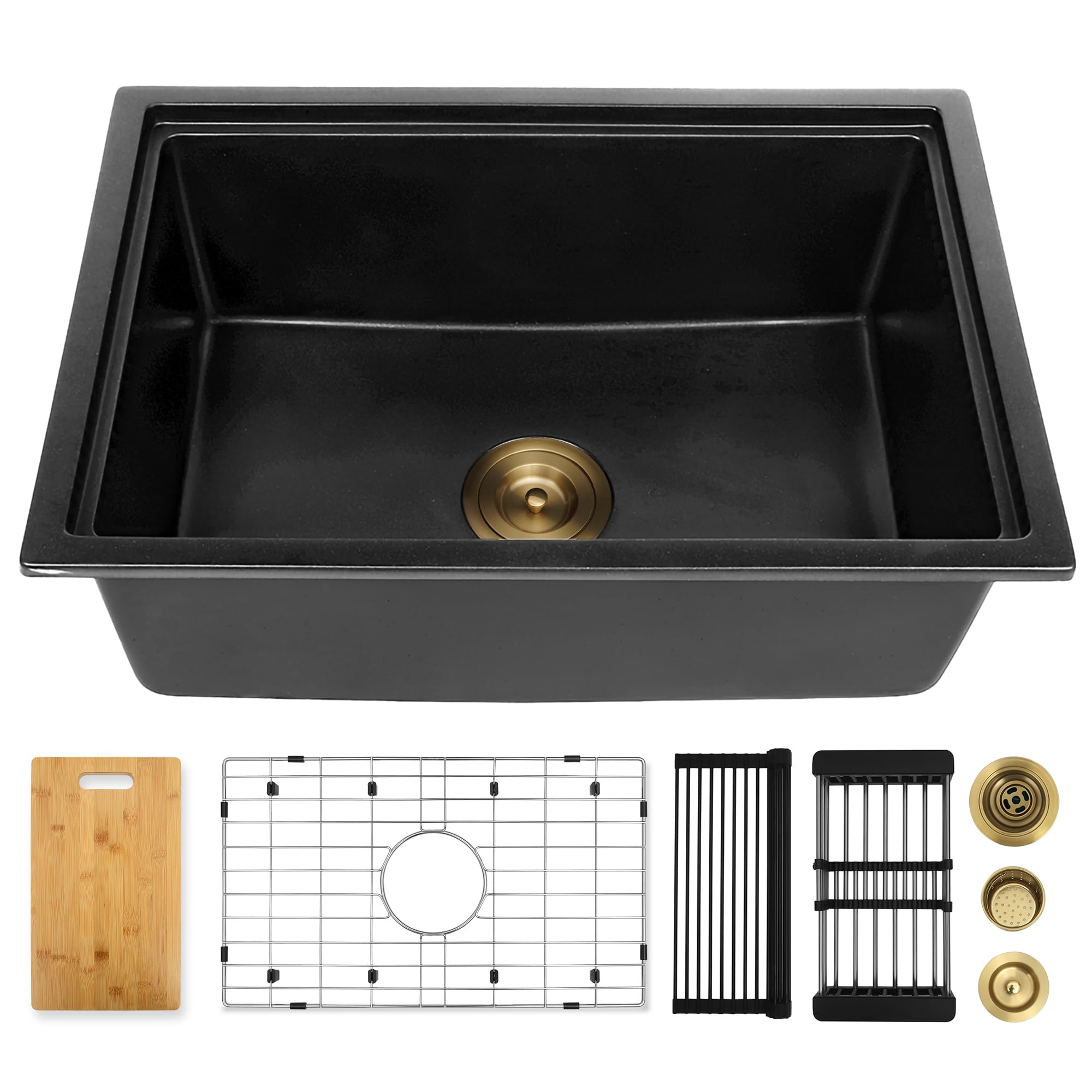 25-Inch Black Undermount Kitchen Sink - Large Deep Quartz Composite Single Bowl Workstation with Accessories - Perfect for Utility, Laundry & Heavy-Duty Cooking - Durable & Stylish (25.59
