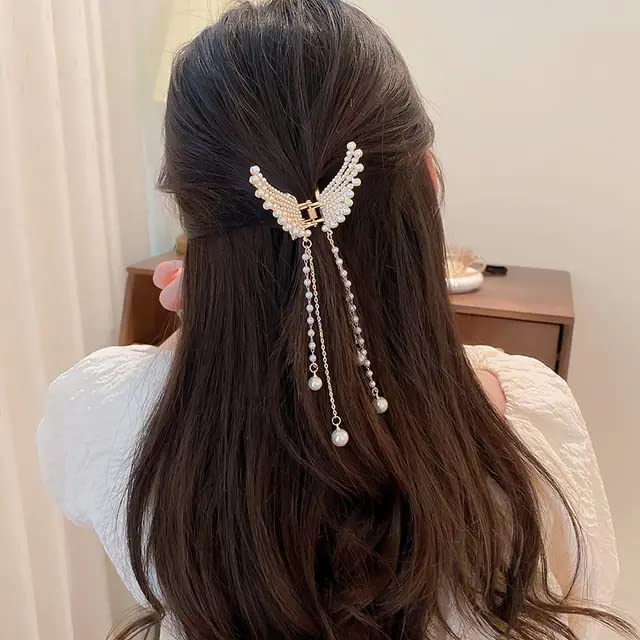 KENDRICK Elegant Tassel Pearl Butterfly Hair Clip - Flying Metal Hair Claw Clips for Women & Girls - Hair Styling Accessories for Parties, Weddings & Everyday Wear (Pack of 1)
