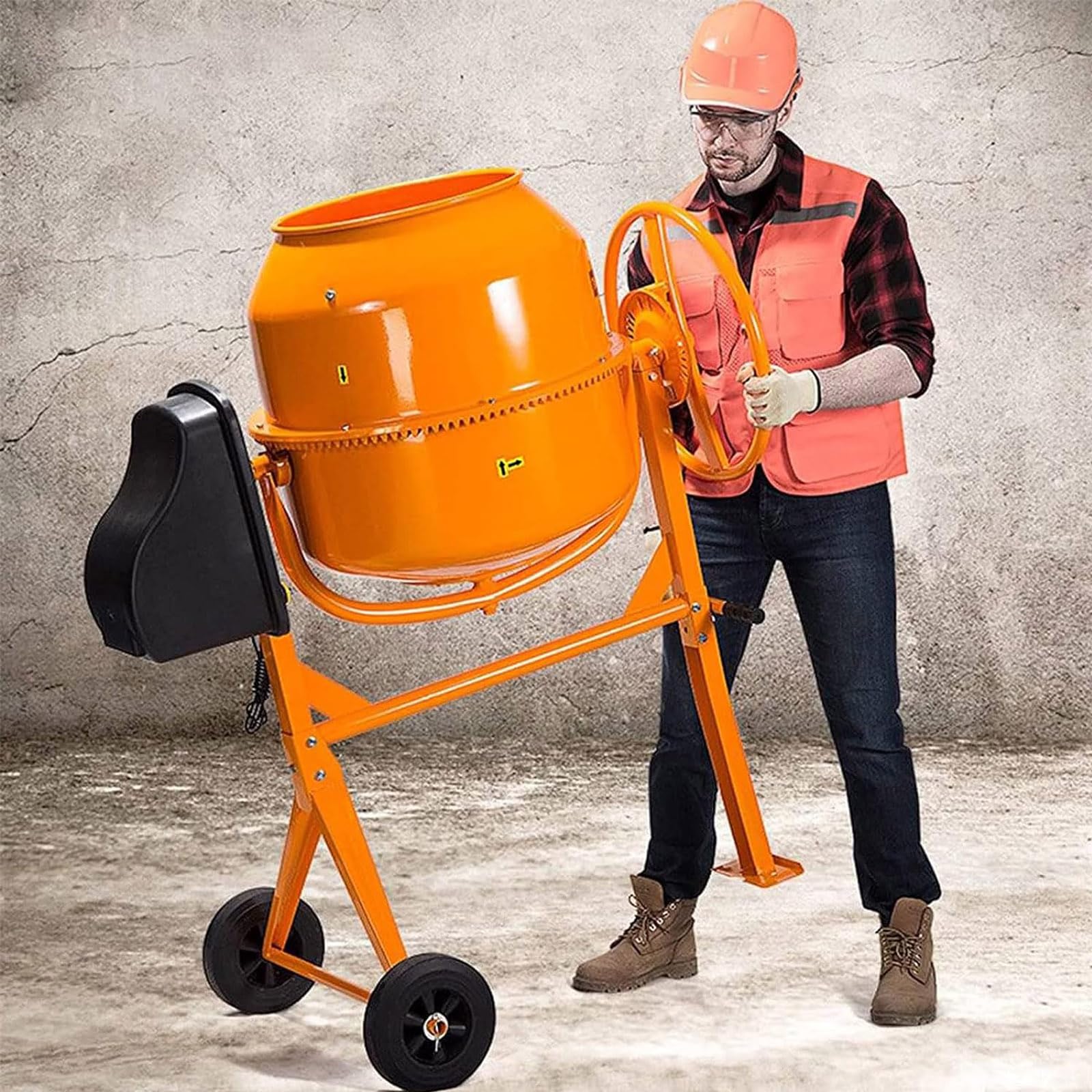 4.2 Cu Ft Electric Cement Mixer - 1/2 HP Heavy Duty Portable Concrete Mixer with 550W Motor & 7-Inch Wheels - Power Mixing Tool for Mortar, Stucco, Seeds, Feed - Ideal for Construction, DIY Projects, Farm & Garden Work (Yellow, 120L)