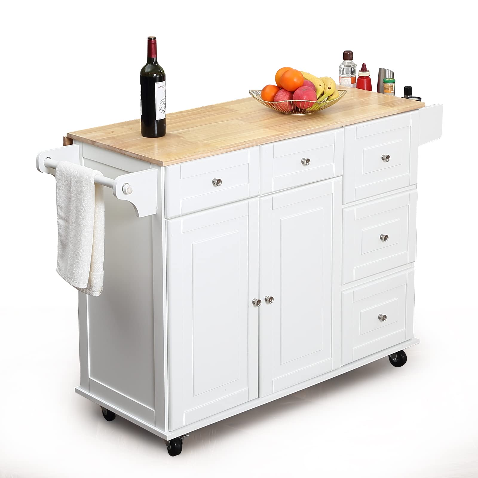 HOMREST Kitchen Island with Drop Leaf - Mobile Kitchen Cart with Wooden Countertop, Spice Rack, Adjustable Shelves & Drawers - Perfect for Small Kitchens, Dining Prep & Extra Storage Space