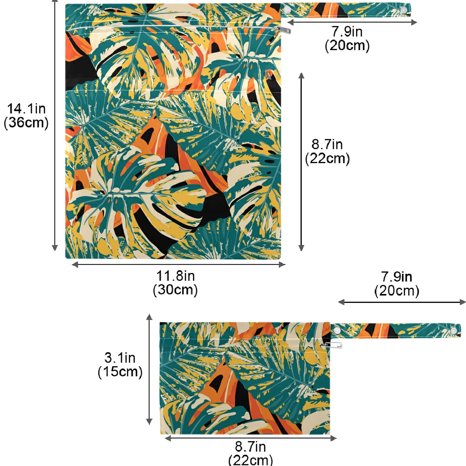 Visesunny 2-Pack Waterproof Wet Bags with Zippered Pockets | Reusable Washable Storage for Swimsuits, Gym Clothes & Diapers | Tropical Leaf Design | Perfect for Travel, Beach, Pool, Daycare & Stroller Organization