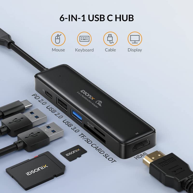iDsonix 6-in-1 USB C Hub with 4K HDMI, 55W PD, USB 3.0 Ports - Compatible with MacBook Pro/Air, Surface Pro, Flash Drives & External HDD - Perfect for Home Office, Travel & Multi-Screen Workstations