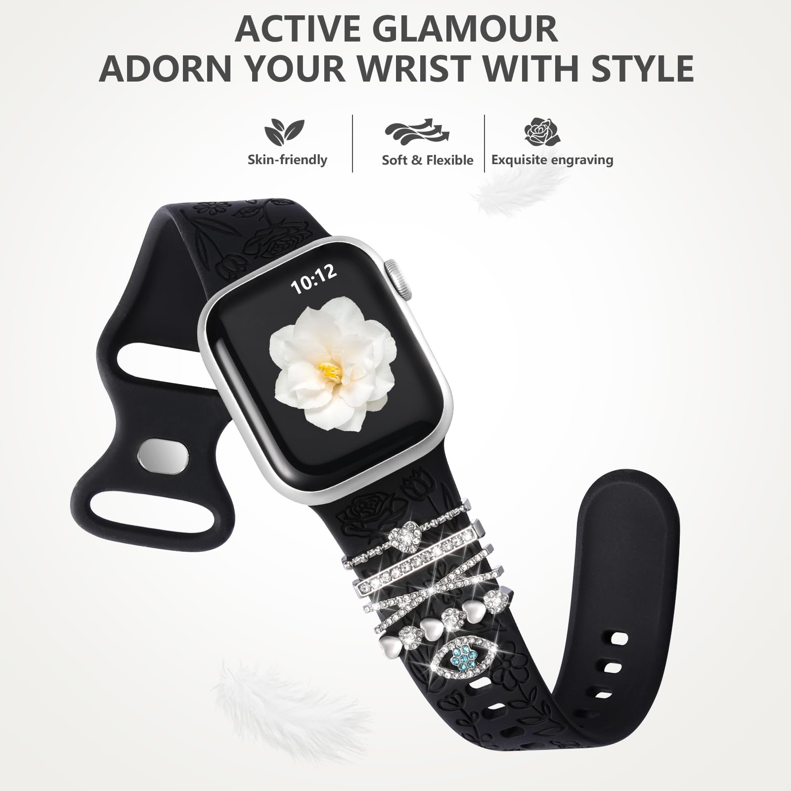DaQin Floral Engraved Silicone Band Compatible with Apple Watch 38mm/40mm/41mm/42mm/44mm/45mm - Stylish Replacement Strap for Women's iWatch Series SE/1/2/3/4/5/6/7/8/9 - Perfect for Workouts, Office & Everyday Fashion Accessory