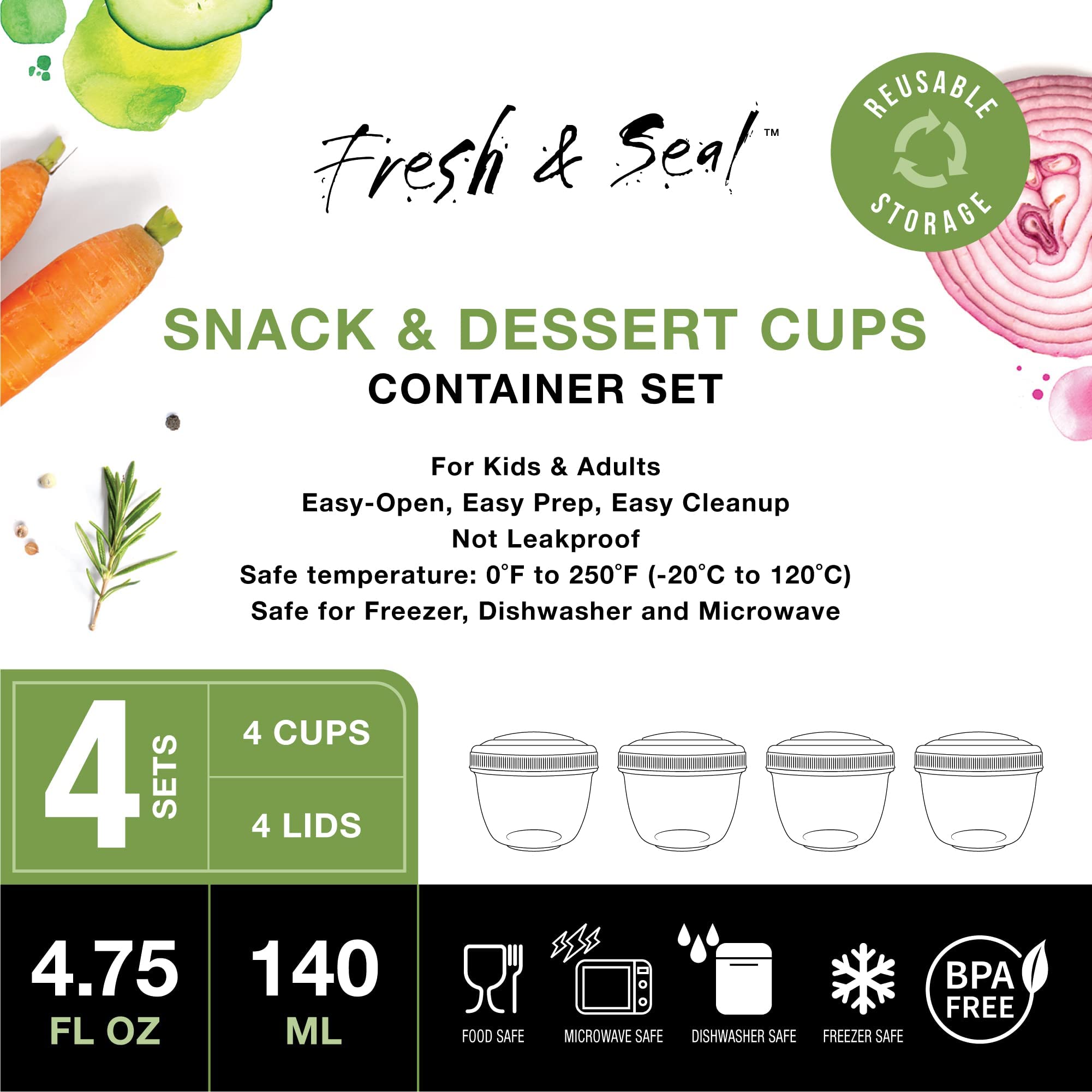 MosJos 4-Piece Snack Containers Set - 4.75 Oz Small Food Storage Cups with Lids - Perfect for Fruits, Nuts, Sauces, Condiments & Salads - BPA-Free Lunch Box Containers in Bright Colors - Ideal for Meal Prep, School Lunches & On-the-Go Snacks