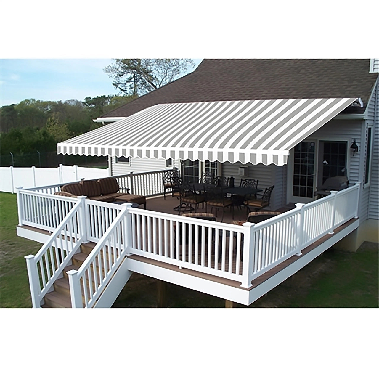 Aleko 20x10 Feet Motorized Retractable Patio Awning - White Frame with Gray & White Stripes for Outdoor Shade & Relaxation