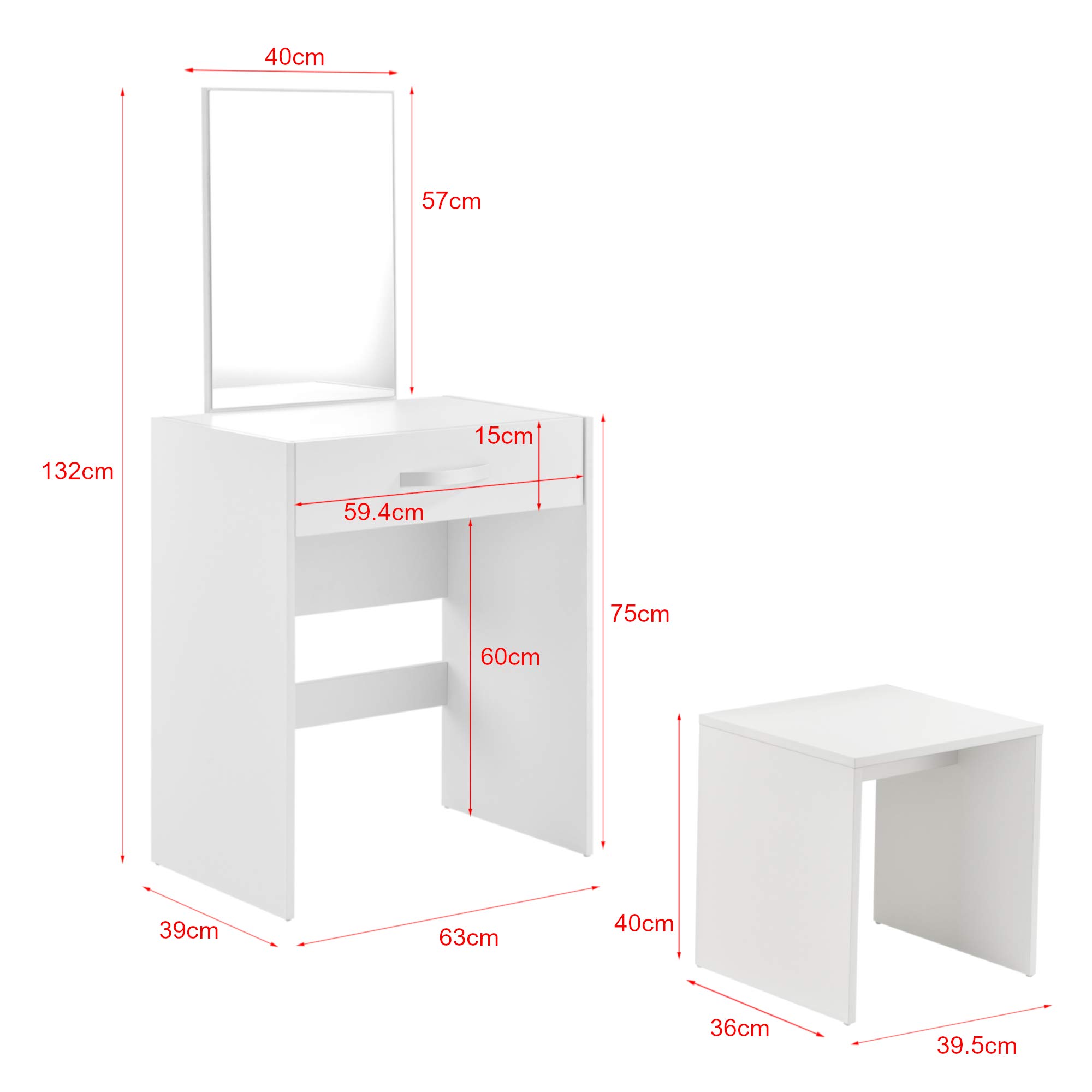 White Vanity Makeup Table Set with Mirror & Stool - 132 x 63 x 39 cm Cosmetic Dressing Table with Drawer, Comb & Chair for Bedroom, Salon, Bridal Dressing Room & Home Decor