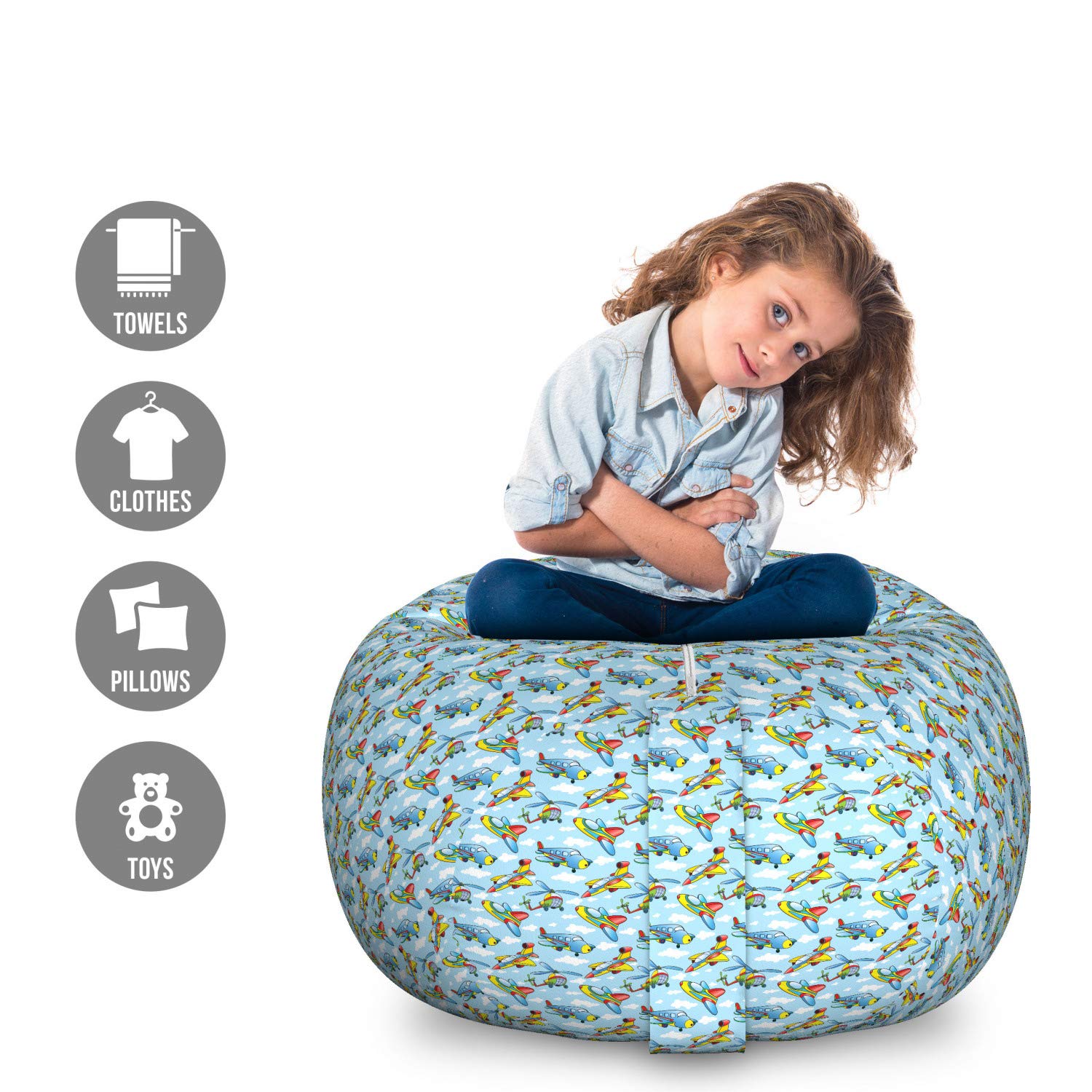 Ambesonne Airplane Toy Storage Bag Chair - Cartoon Planes & Helicopters in Clouds Design - Large Washable Stuffed Animal Organizer (Yellow & Blue) for Kids' Room, Playroom & Nursery Organization