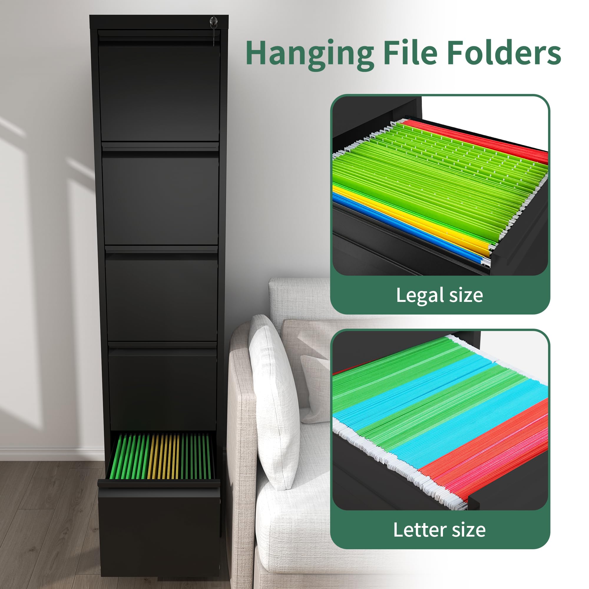5-Drawer Vertical File Cabinet with Lock - Heavy Duty Steel Office Filing Cabinet for Hanging Letters, Legal & A4 Documents - Perfect for Home Office Organization & Document Storage (Black, Assembly Required)