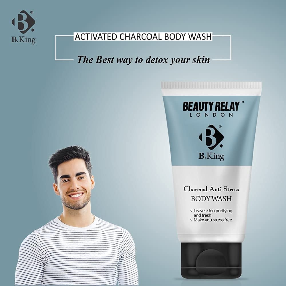 Beauty Relay London B King Charcoal Anti Stress Body Wash for Men - Activated Charcoal Deep Cleansing Body Wash with Cinnamon Oil, Aloe Vera, Argan Oil, Mulberry, Vitamin E & Lemon Oil | Skin Detox & Anti-Pollution | 200ml (Buy 1 Get 1 Free) | Perfect for Gym, Travel & Daily Shower Routine