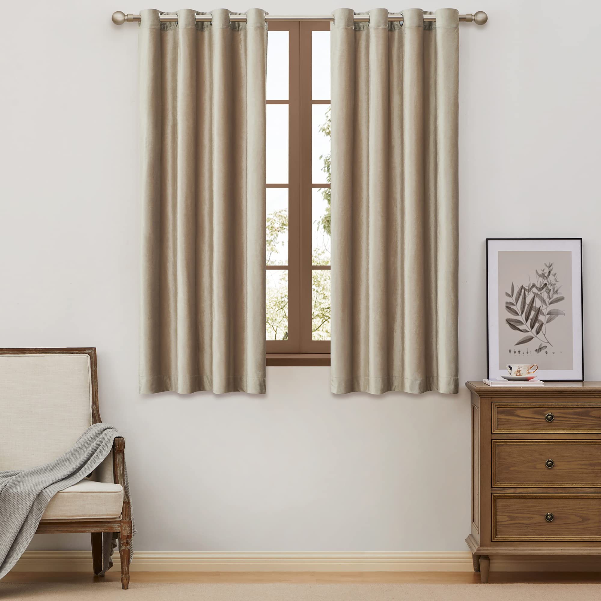 BULBUL Champagne Velvet Blackout Curtains 63 Inch Length - 2 Panels Thermal Insulated Grommet Drapes for Living Room & Bedroom | Beige Room Darkening Window Decor for Home Theater & Night Sleep