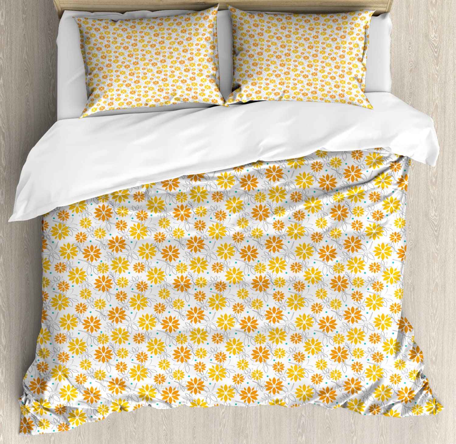 Ambesonne Orange and Yellow Floral Duvet Cover Set with Polka Dots - 2 Pack King Size Bedding Set Includes 2 Duvet Covers & 4 Pillowcases - Vibrant White and Orange Bohemian Style for Bedroom Decor