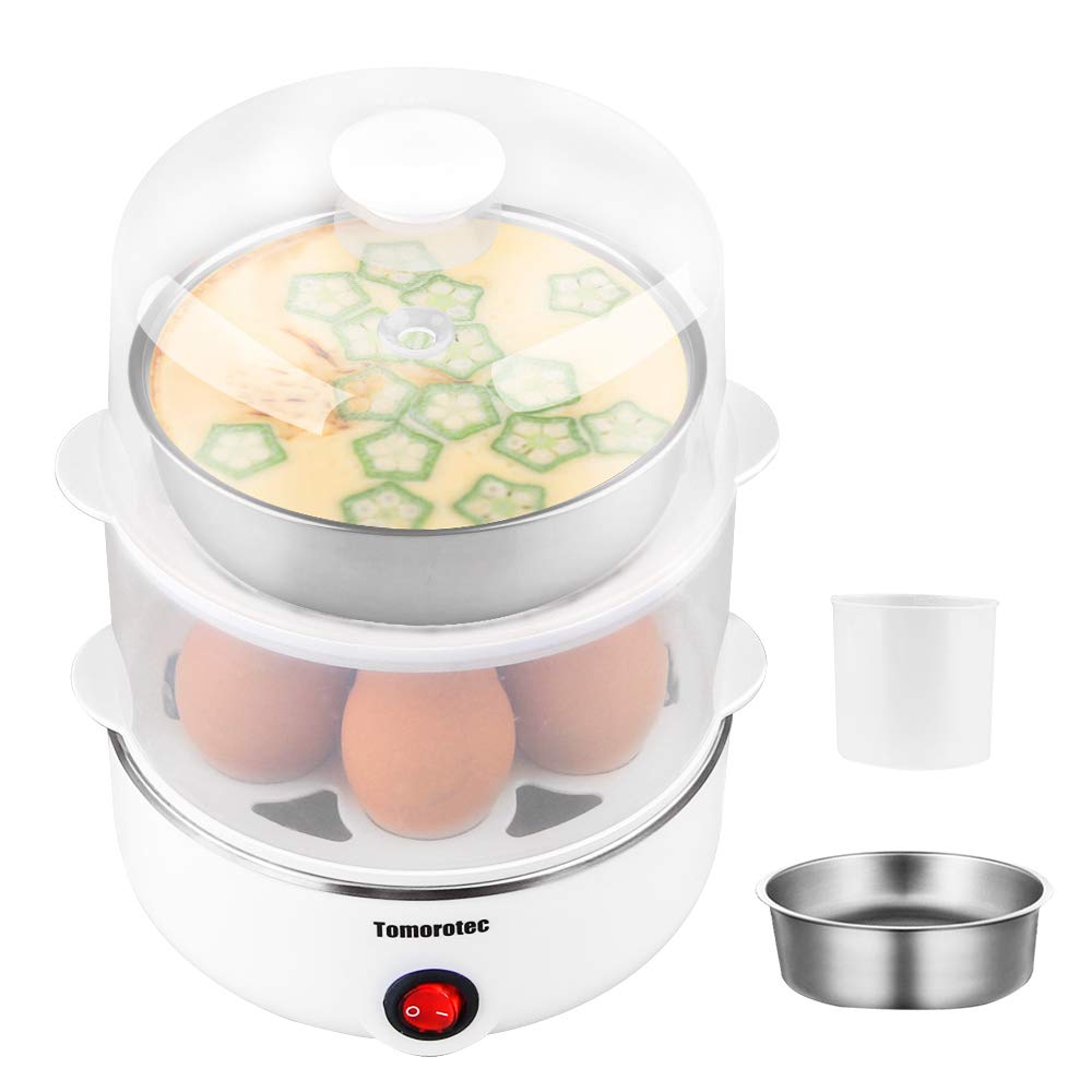 Tomorotec 2-Tier Electric Egg Cooker - Large 14 Eggs Capacity, Rapid Egg Maker for Hard Boiled, Poached Eggs, Steamed Vegetables, Seafood & Dumplings | Auto Shut-Off | Perfect for Breakfast Meal Prep & Healthy Cooking
