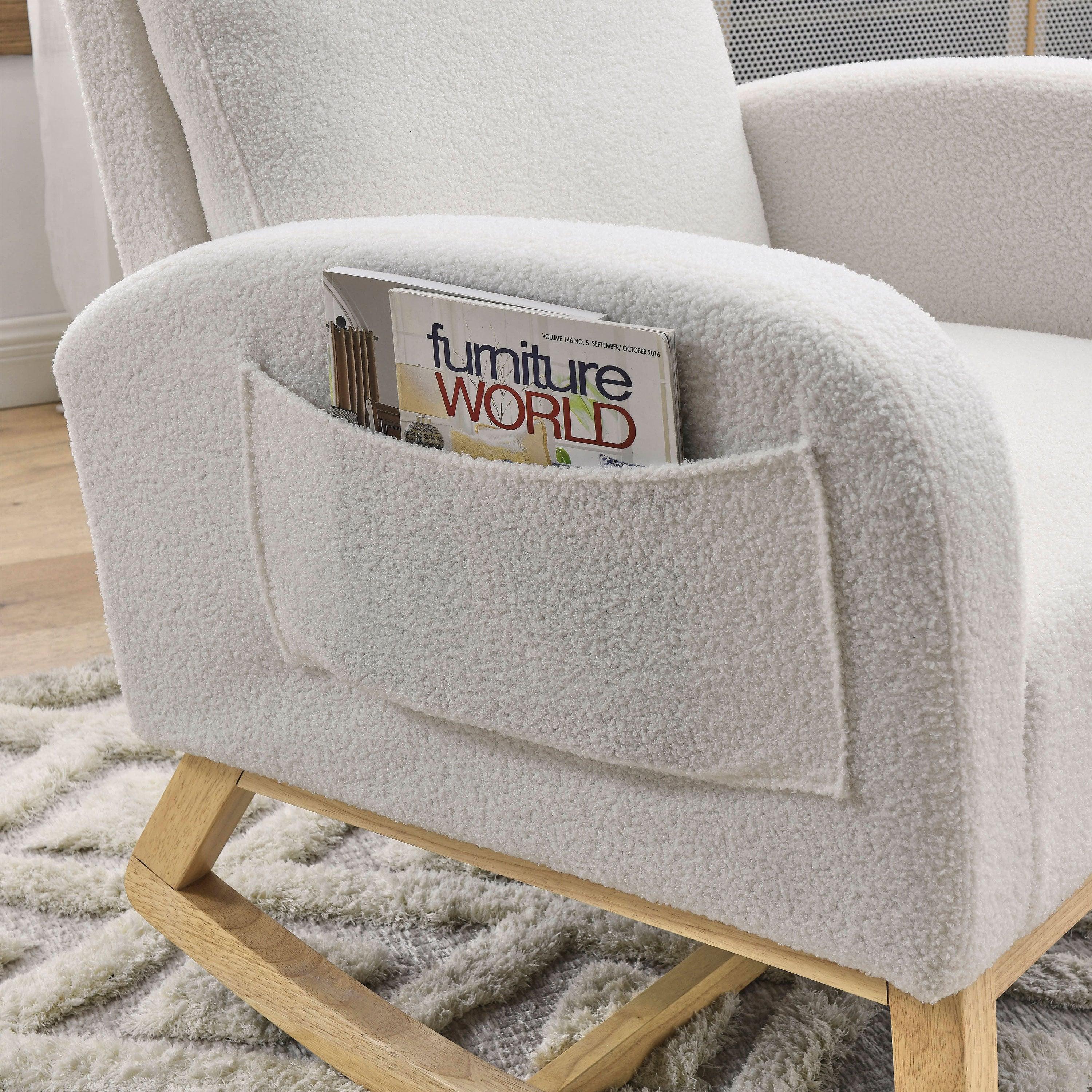 27.6W Modern Accent High Backrest Rocking Chair with Side Pockets - Teddy White (Ivory) - Perfect for Living Room, Lounge, Nursery & Reading Nook