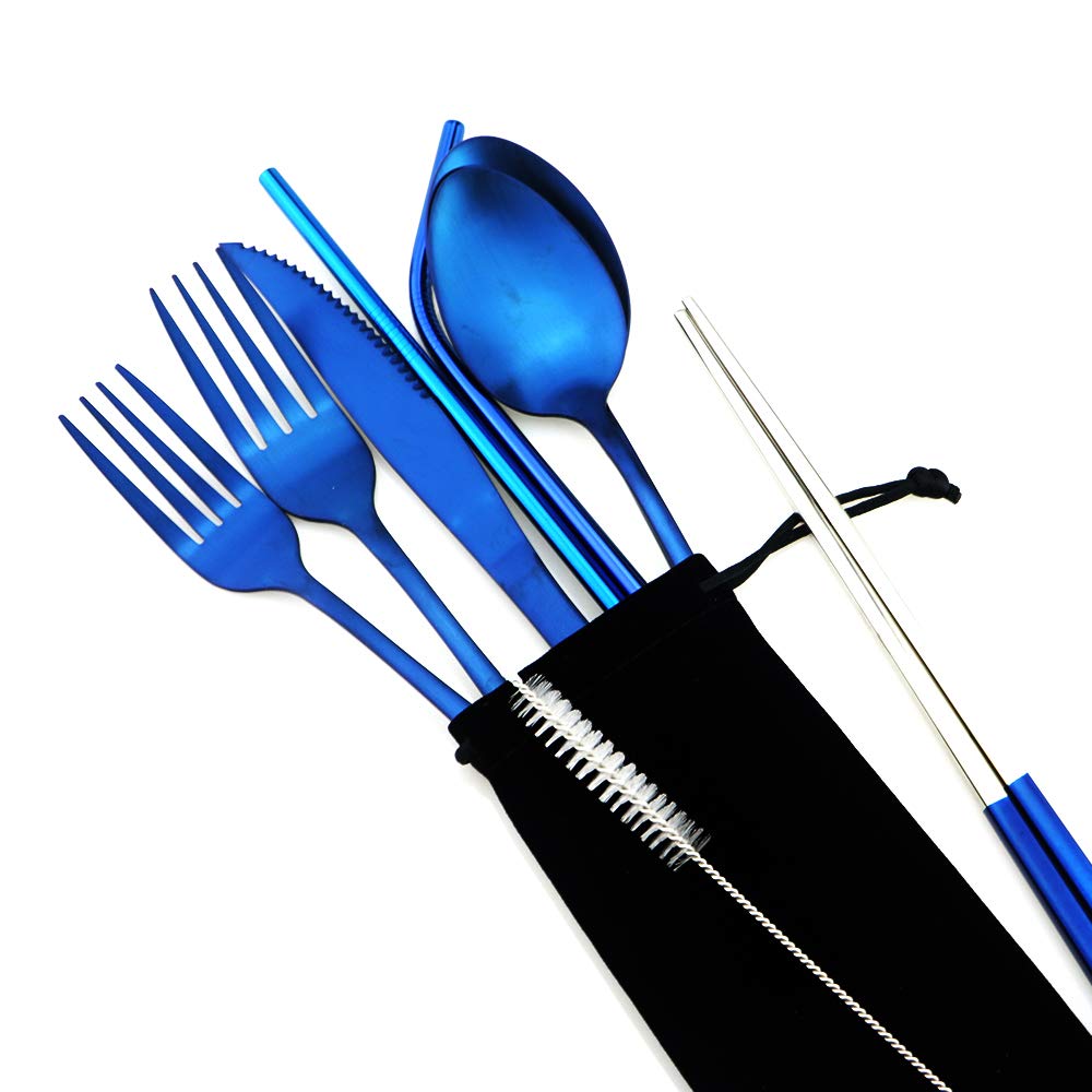 Eco-Friendly Blue Reusable Utensil Set with Travel Case - Stainless Steel Camping Cutlery Kit (Knife, Fork, Spoon, Straw & Chopsticks) - Matte Finish Flatware for Outdoor Picnics, Office Lunches, Hiking & School Meals - Perfect for Camping, Travel & Sustainable Dining