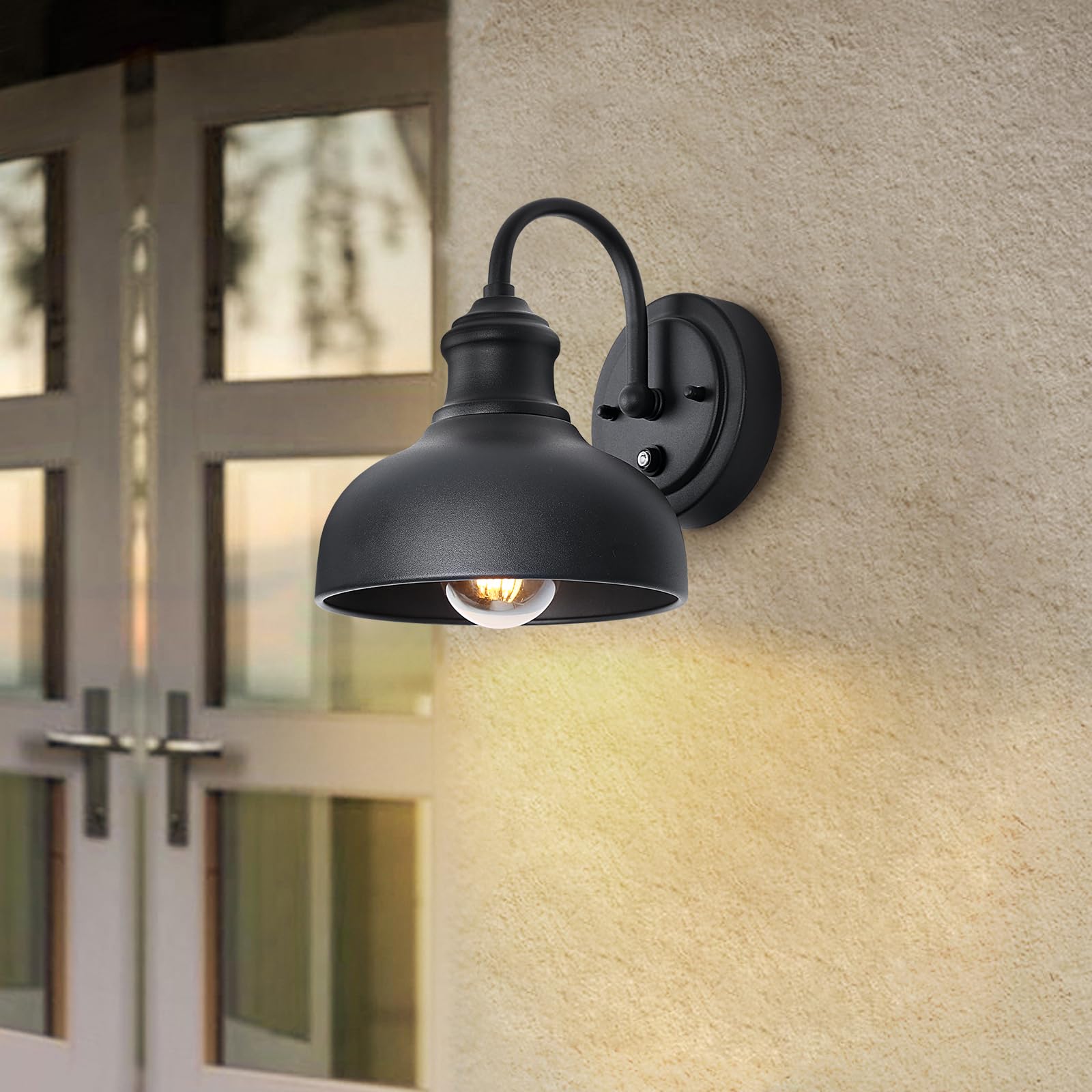 INNOSPARX 7'' Outdoor Barn Light - 2 Pack Black Dusk to Dawn Gooseneck Wall Mount Exterior Lighting for Front Door, Farmhouse, Shed & Garage - Weatherproof Outdoor Wall Sconce with Sensor for Porch, Patio & Entryway