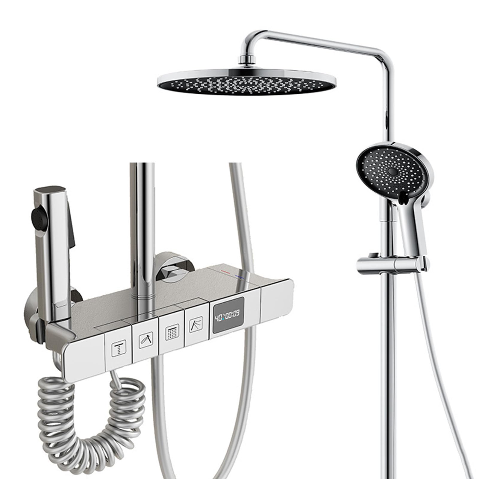 Boyuan Digital Display Brass Mixer Tap - 4 Function Shower System with Round Rainfall Shower Head, 3 Mode Hand Shower & Bidet Sprayer, Adjustable Hot/Cold Water - Perfect for Modern Bathroom Renovation and Spa-Like Shower Experience