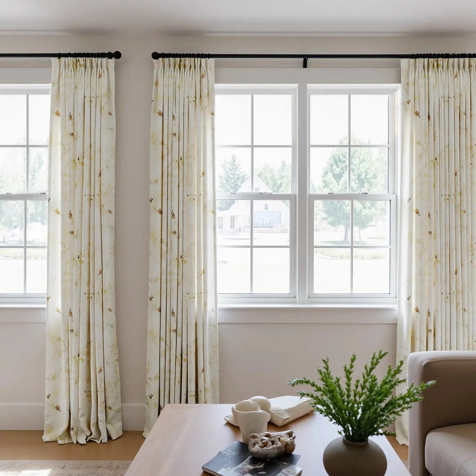 Bohemian Botanical Pleated Drapery Curtains - 52 Inch Width - Elegant Boho Home Decor for Living Room & Bedroom