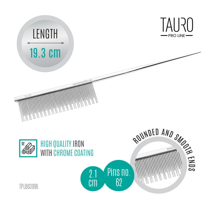 Tauro Pro Line Double Teeth Metal Comb with Tail - Professional Grooming Comb for Dogs & Cats - Perfect for Detangling, Shedding & Styling Pet Hair at Home or Salon